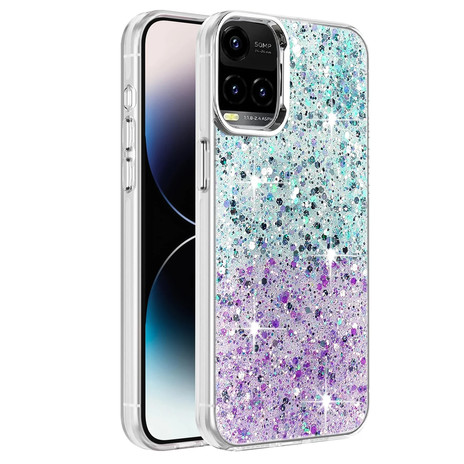 Dl3 Mobilak Compatible with Vivo Y33S 4G/Y33/Y21S /Y21 Case, Clear Glitter Bling Sparkly, Soft TPU Frame Bumper, Hard-Back Cover for Women & Girls, Transparent Protective Phone Case (Pink Green)