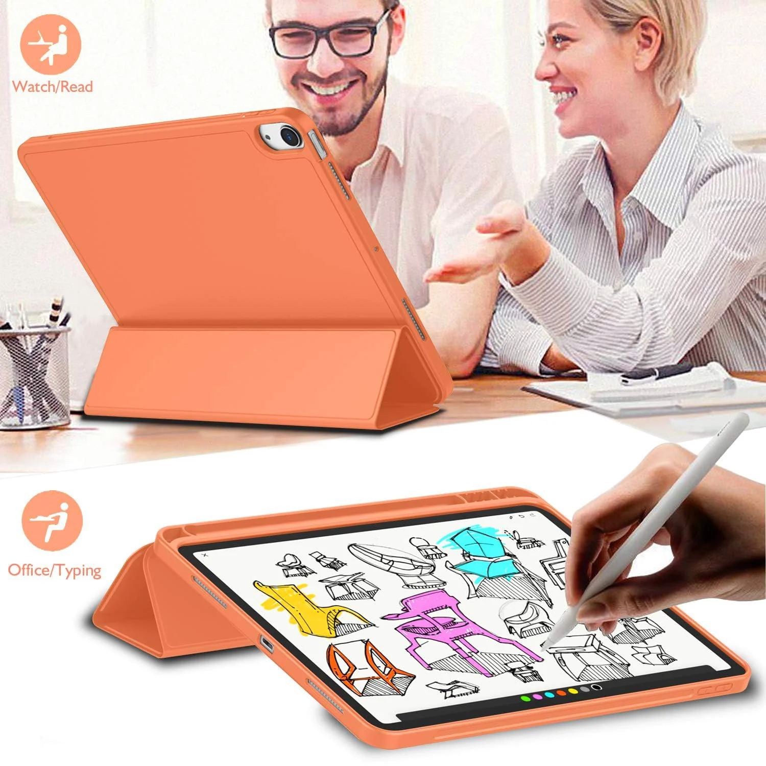 DL3 Mobilak iPad Air 11-Inch M2 (2024), iPad Air 5/4 (2022/2020 5th/4th 10.9-Inch) Case with Pencil Holder Full Body Protection + Apple 2nd Pencil Charging and Auto Wake/Sleep - Orange