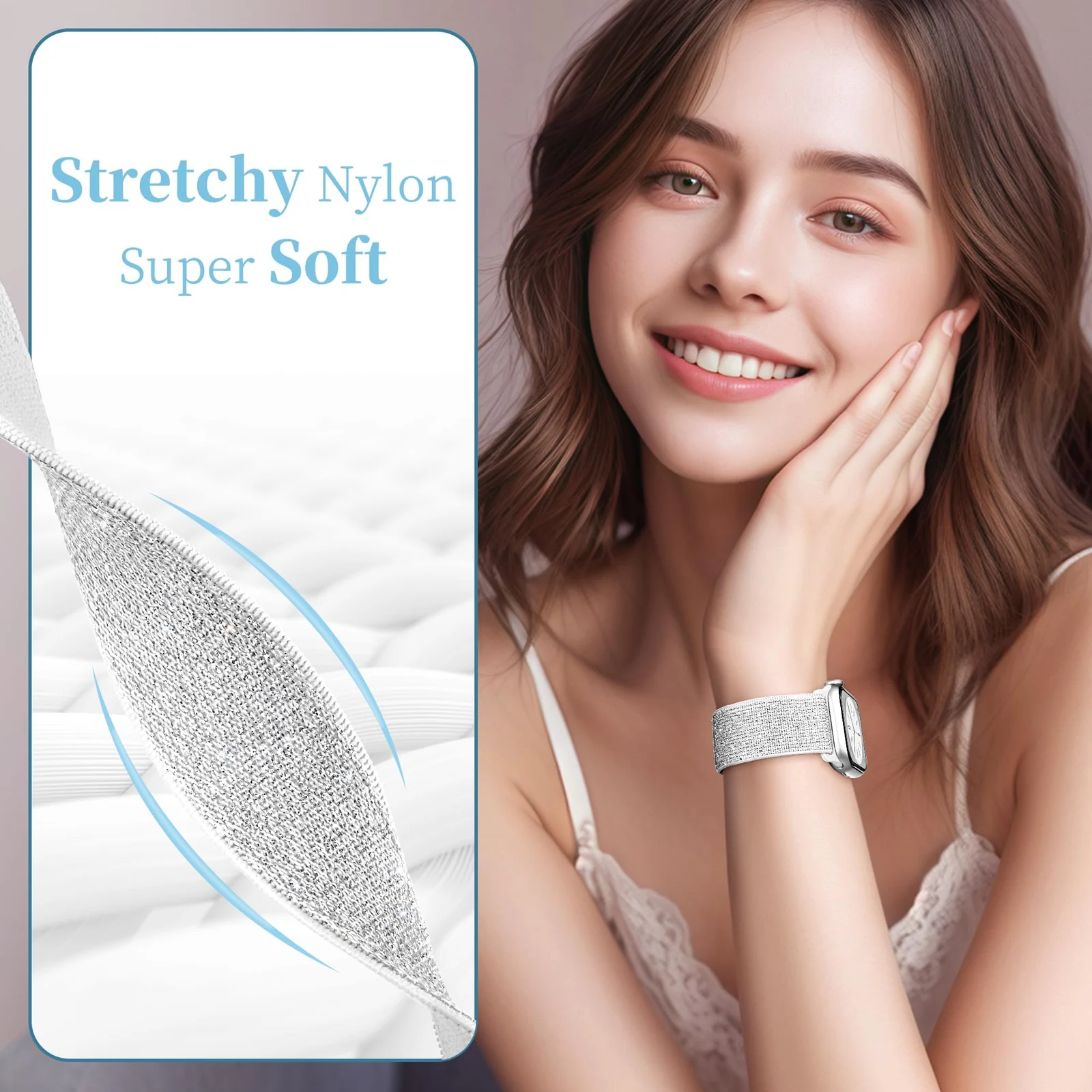 DL3 Mobilak Stretchy Bling Band For Apple Watch 49mm 46mm 45mm 44mm 42mm Women, Nylon Sparkly Strap Solo Loop Glitter Wristband for iWatch Series 10 9 8 7 6 5 4 3 2 1 SE Ultra - Silver