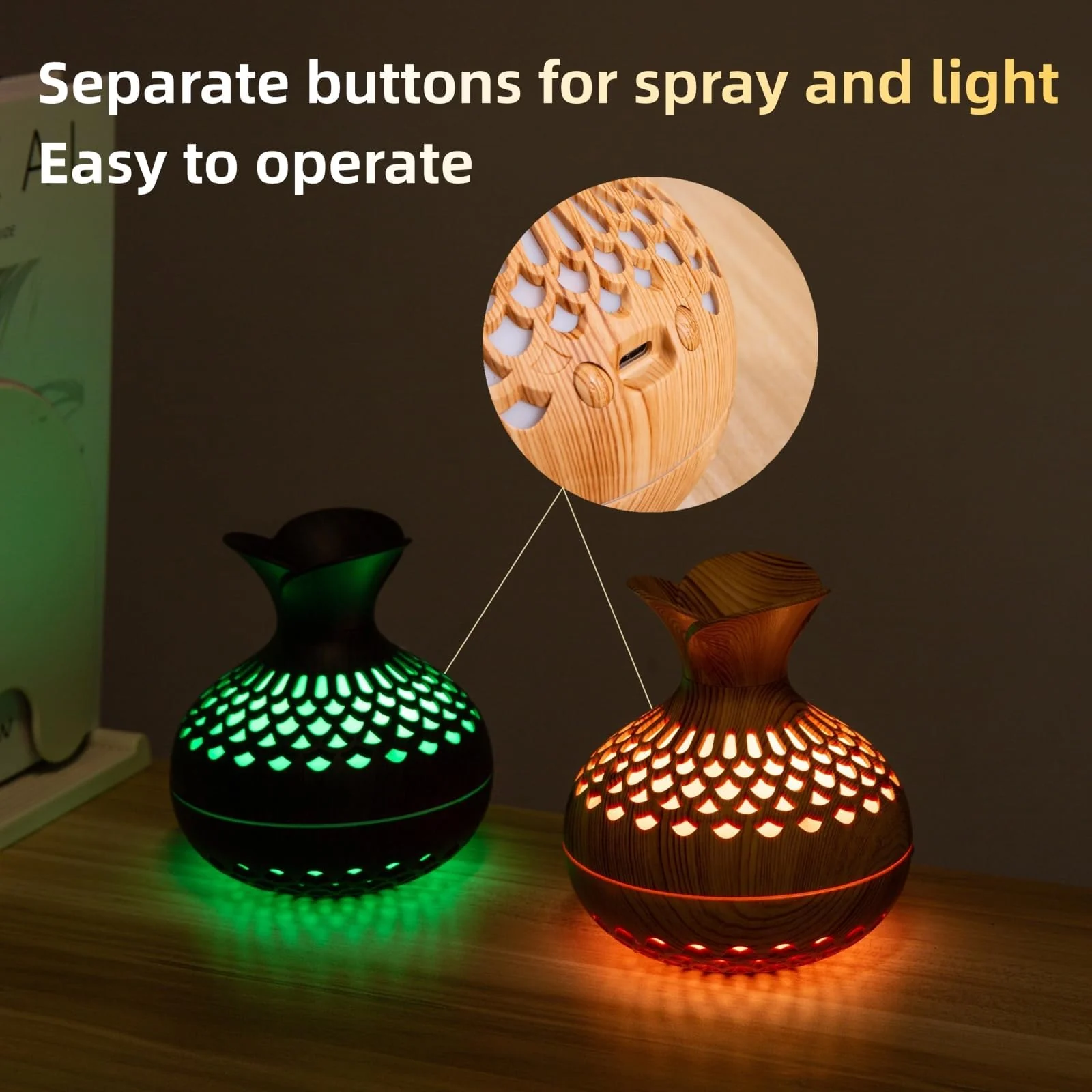 Mobigon Wood Cool Mist Ultrasonic Humidifier for Room Moisture, Aroma Diffuser for Home, 300ml Essential Oil Diffuser with 7 Colorful Night Light, Auto Shut-Off, Home, Office, car - Light Brown
