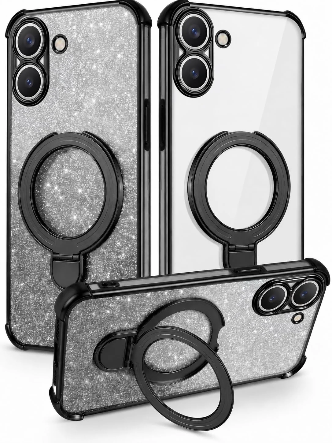 MOBIGON Glitter Phone Case with Magnetic Ring Stand for Xiaomi Redmi 13C 4G / POCO C65, Black