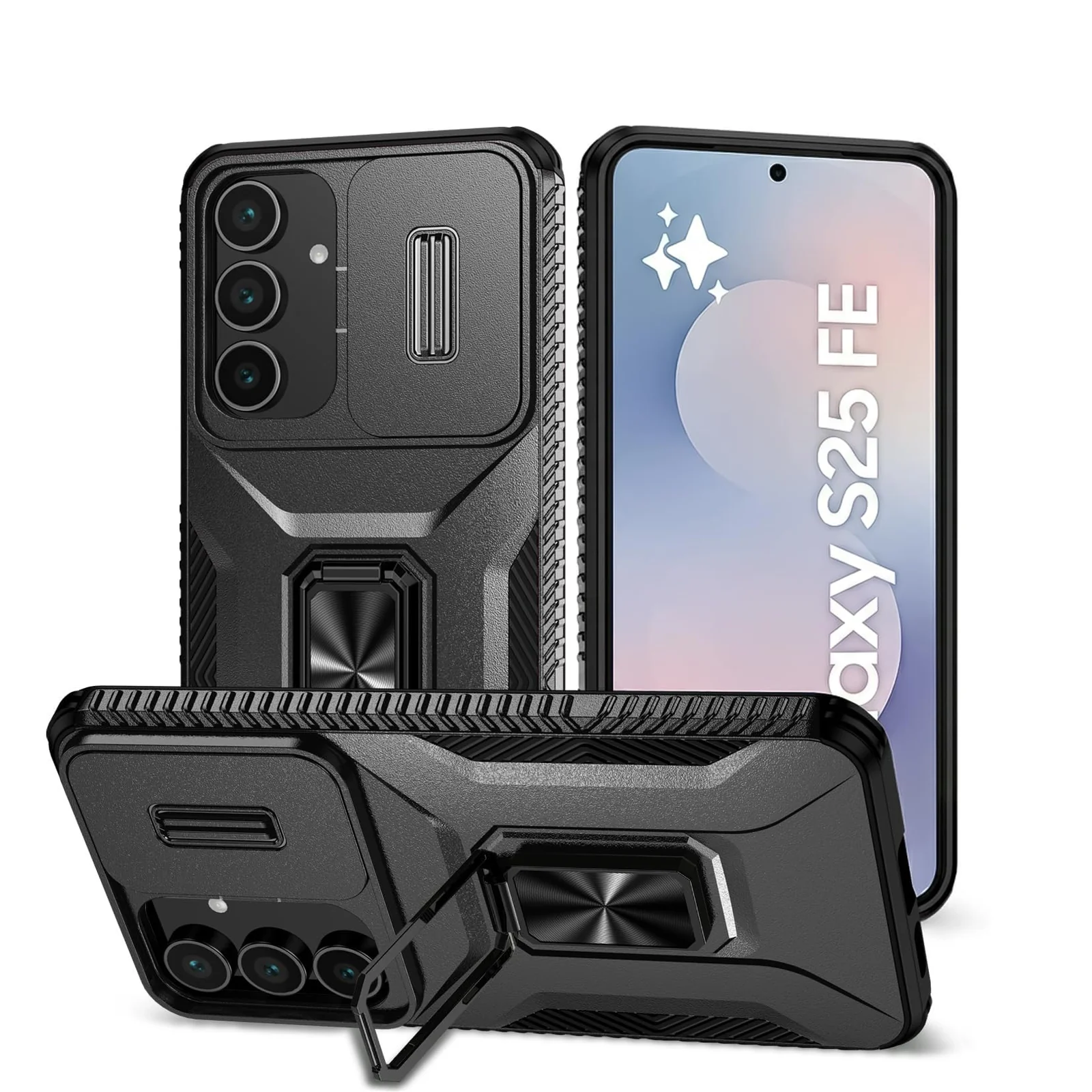 DL3 Mobilak Rugged Protective Case for Samsung Galaxy S25 FE 5G, Built-in magnetic car-mount support, Shock-absorbing protection, Built-in kickstand - Black