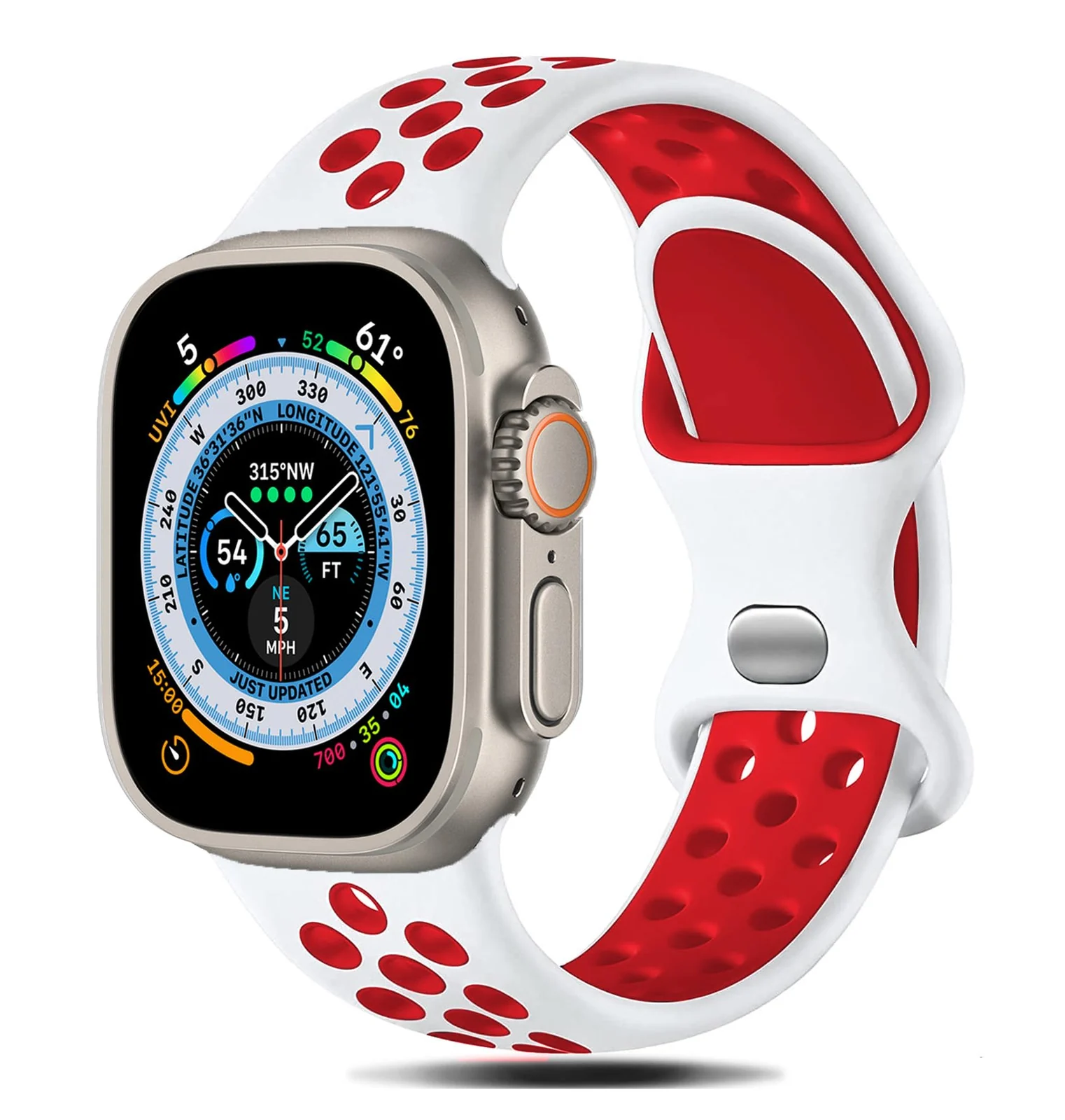 42mm/44mm/45mm/49mm — DL3 Mobilak Sport Strap For Apple Watch 49mm 45mm 44mm 42mm 41mm 40mm 38mm, Breathable Silicone Double Hole Band, for iWatch Ultra 2 Series 9 8 7 6 5 4 3 SE (&, 42mm/44mm/45mm/49mm) - White & Red