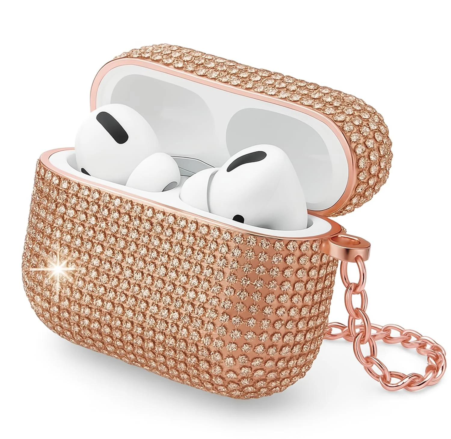 DL3 Mobilak Luxury Rhinestone Case for AirPods Pro 1/2 (AirPods Pro 2nd/1st), Sparkling Glitter Protective Cover with Detachable Metal Hand Chain, Shockproof Ideal Gift for Women & Girls - Rose Gold