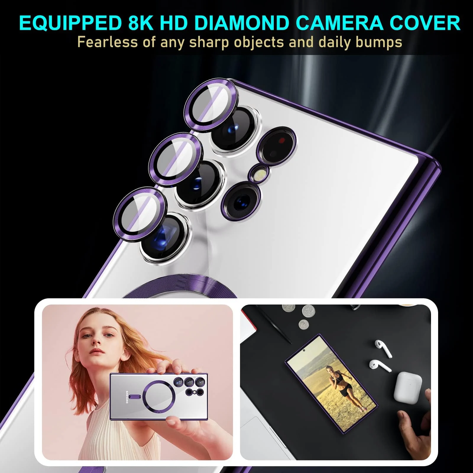DL3 Mobilak Glitter Protective Case for Samsung Galaxy S24 Ultra, Compatible with MagSafe accessories, Built-in magnetic car-mount support, Camera protection - Purple