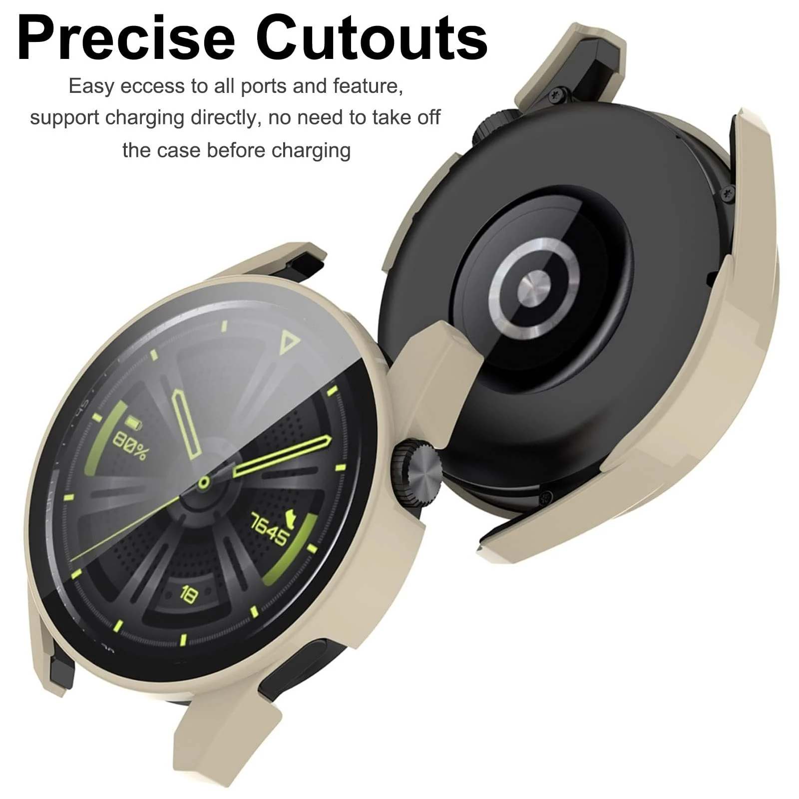 DL3 Mobilak Protective Case Compatible with Huawei Watch GT3 46mm 9H Hardness PC Case Bumper Full Slim Protective Cover with Tempered Glass For Huawei Watch GT 3 46mm - Ivory White