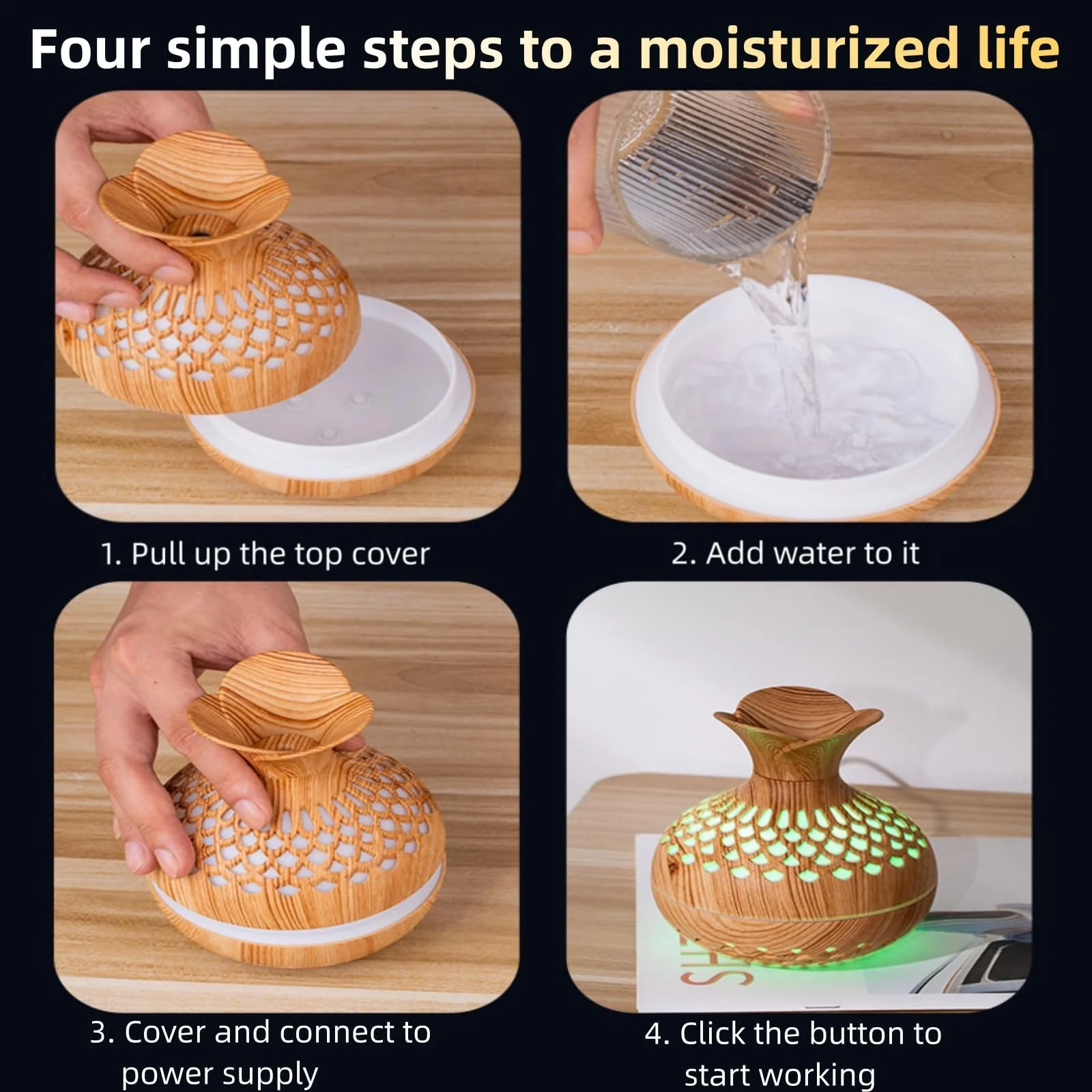 Mobigon Wood Cool Mist Ultrasonic Humidifier for Room Moisture, Aroma Diffuser for Home, 300ml Essential Oil Diffuser with 7 Colorful Night Light, Auto Shut-Off, Home, Office, car - Light Brown