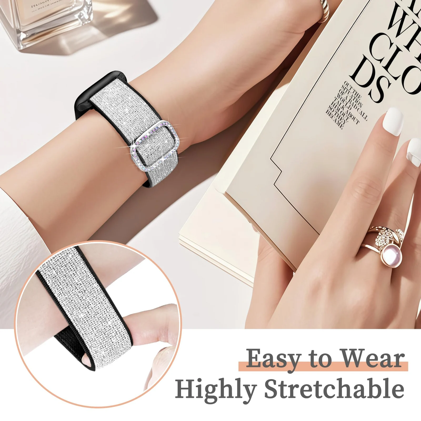 Dl3 Mobilak Stretchy Bling Band For Apple Watch 49mm 46mm 45mm 44mm 42mm Women, Nylon Sparkly Strap Solo Loop Glitter Wristband for iWatch Series 11 10 9 8 7 6 5 4 SE Ultra 3 2 1 (Silver/Black)