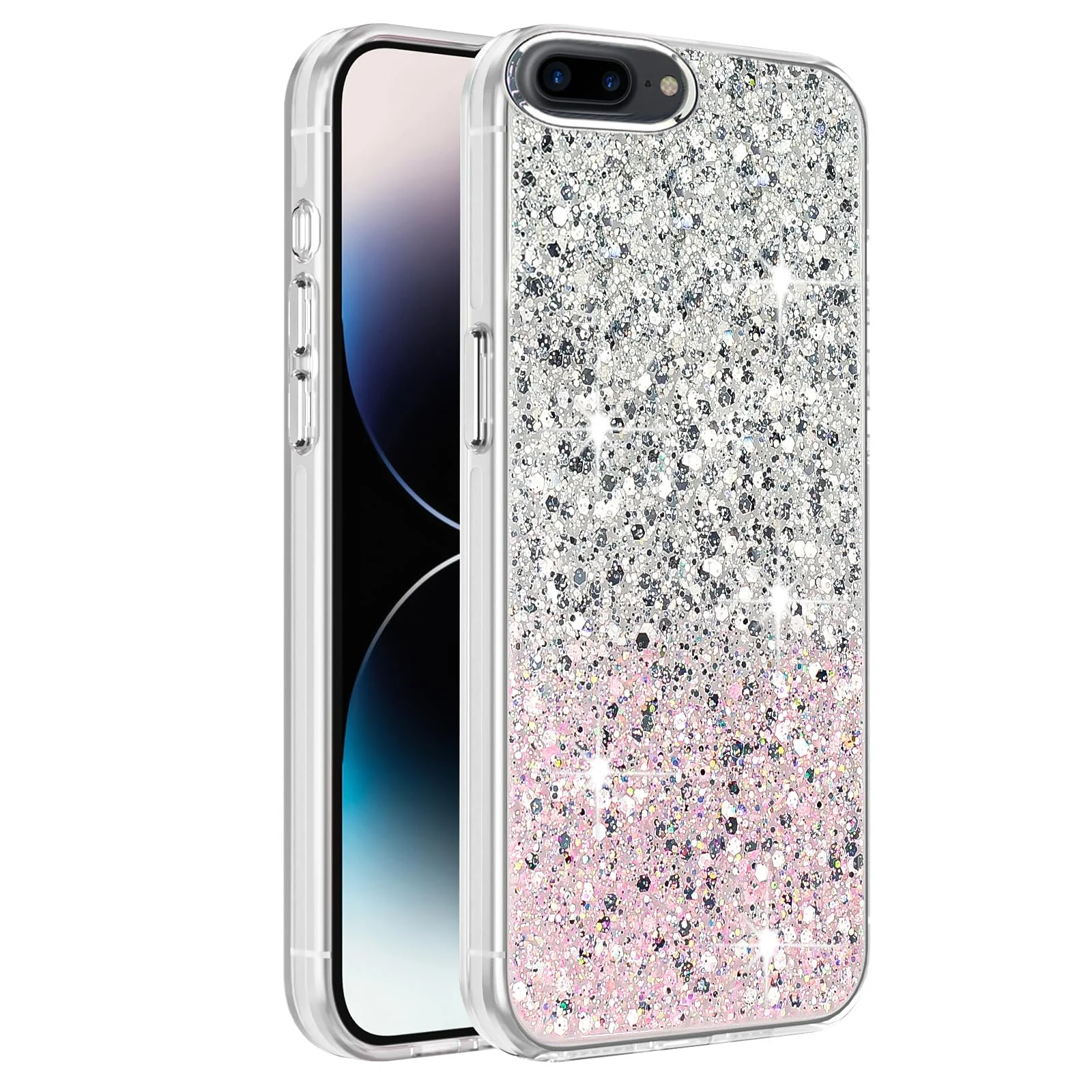 DL3 Mobilak Glitter Protective Case for iPhone 7 Plus / iPhone 8 Plus, Supports wireless charging, Camera protection, Shock-absorbing protection - White Pink