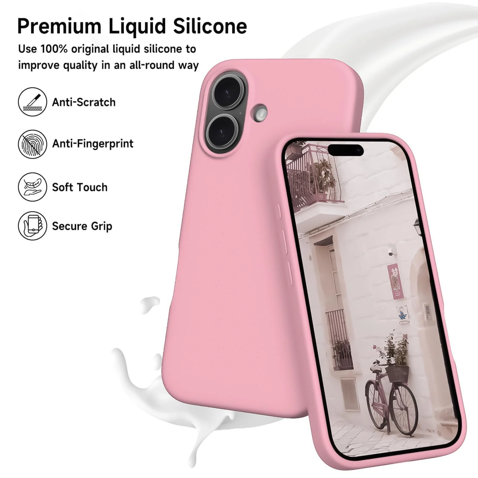 DL3 Mobilak Liquid Silicone Case for iPhone 16 + Plus 6.7-Inch, Supports wireless charging, Shock-absorbing protection, Scratch-resistant surface - Pink