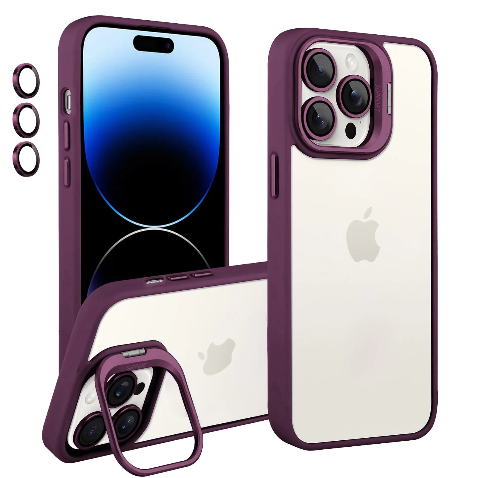 DL3 Mobilak Clear PC and TPU Case with Camera Ring Kickstand and Lens Protector for iPhone 14 Pro Max - Wine Red