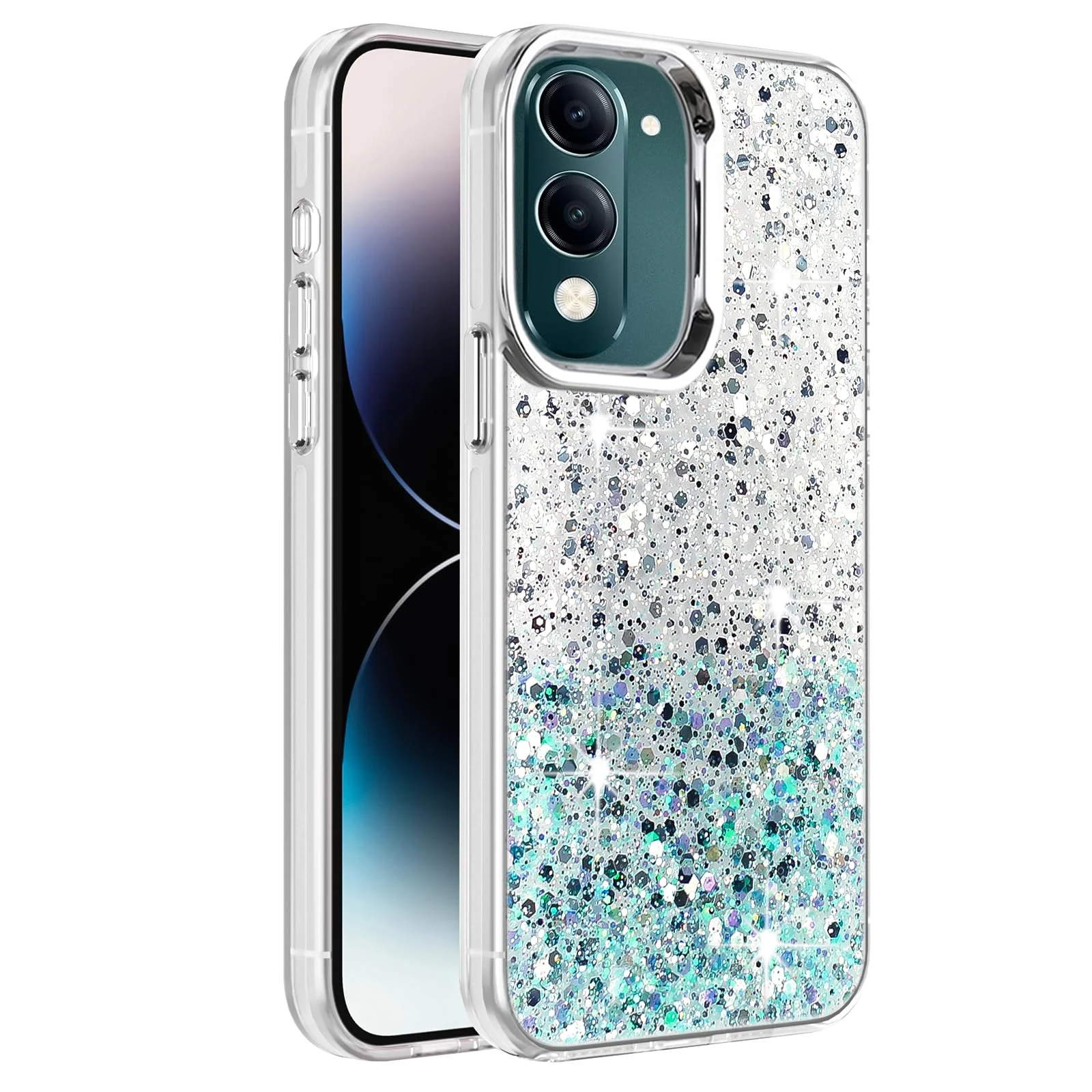 Dl3 Mobilak Compatible with Vivo Y04 / Vivo Y29s 5G Case, Clear Glitter Bling Sparkly, Soft TPU Frame Bumper, Hard-Back Cover for Women & Girls, Transparent Protective Phone Case (Pink Green)