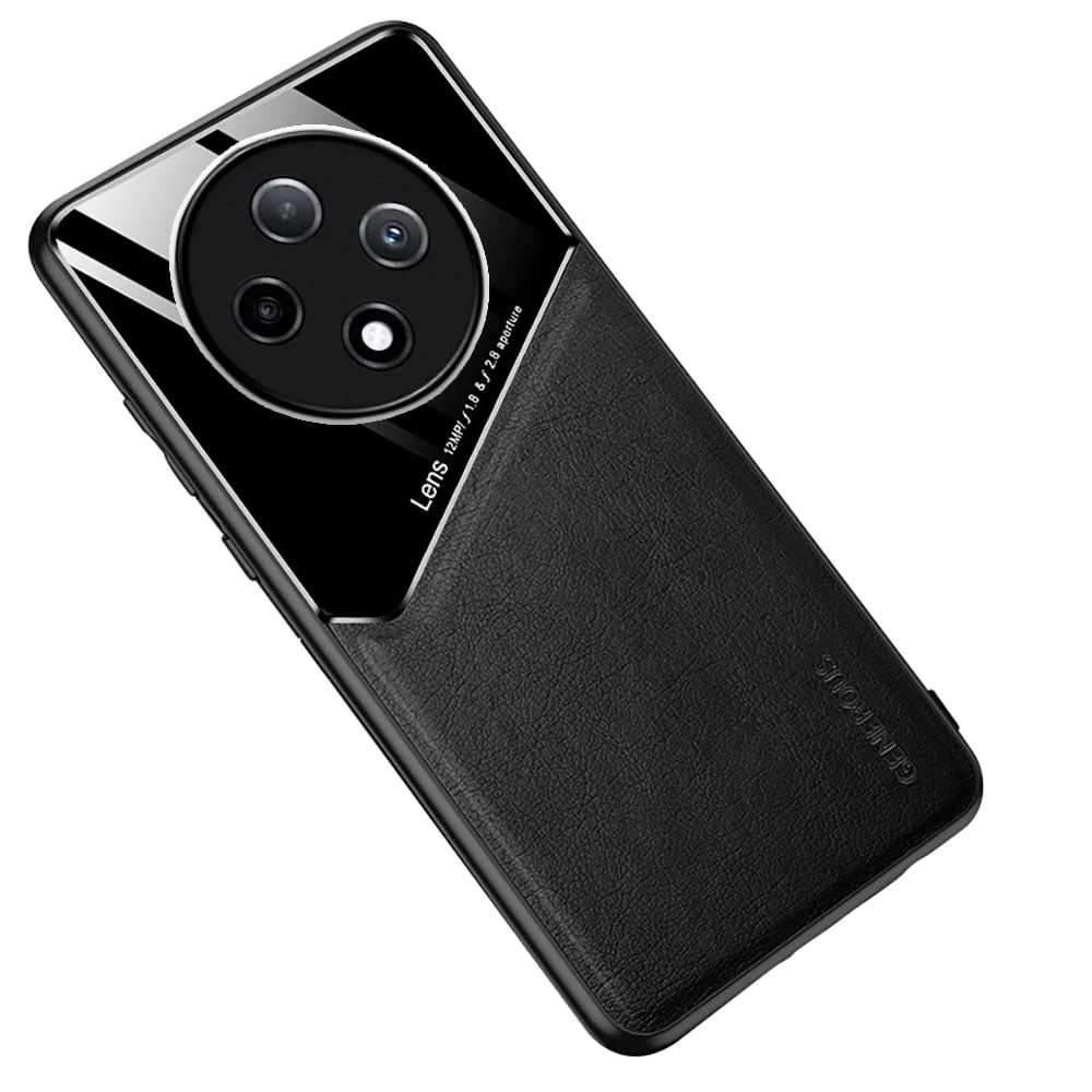 DL3 Mobilak Faux Leather and Plexiglass Protective Case with TPU Frame and Magnetic Car-Mount Support for OPPO Reno 12F / Reno12 F 4G / 5G - Black