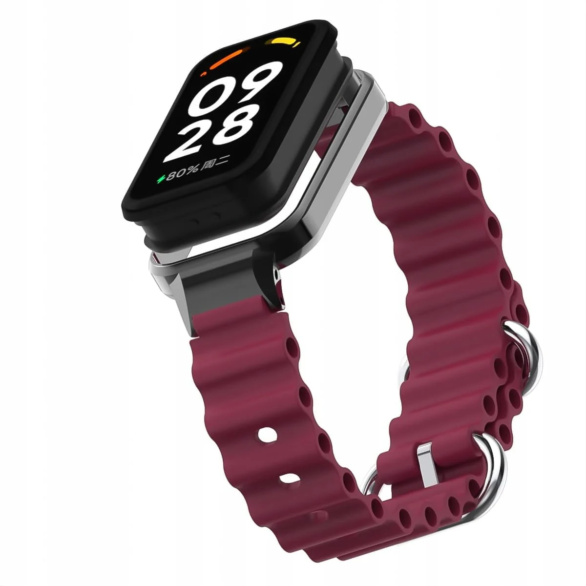 DL3 Mobilak Ocean Strap Compatible with Xiaomi Redmi Band 2/Smart Band 8 Active, Adjustable Silicone Band with Metal Buckle and Frame for Women and Men - Wine Red
