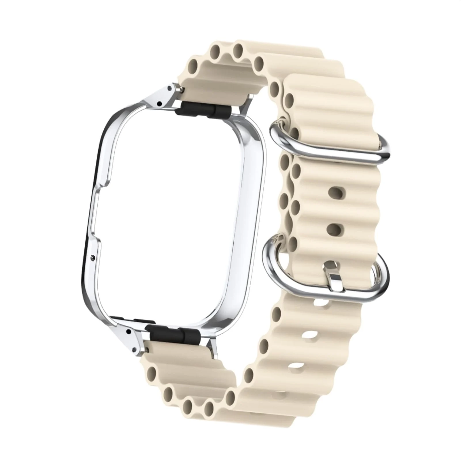 DL3 Mobilak Ocean Strap Compatible with Xiaomi Redmi Watch 3 Lite/Redmi Watch 3 Active, Adjustable Silicone Strap with Metal Buckle, Band With Frame Metal Women Men Replacement Strap - Beige