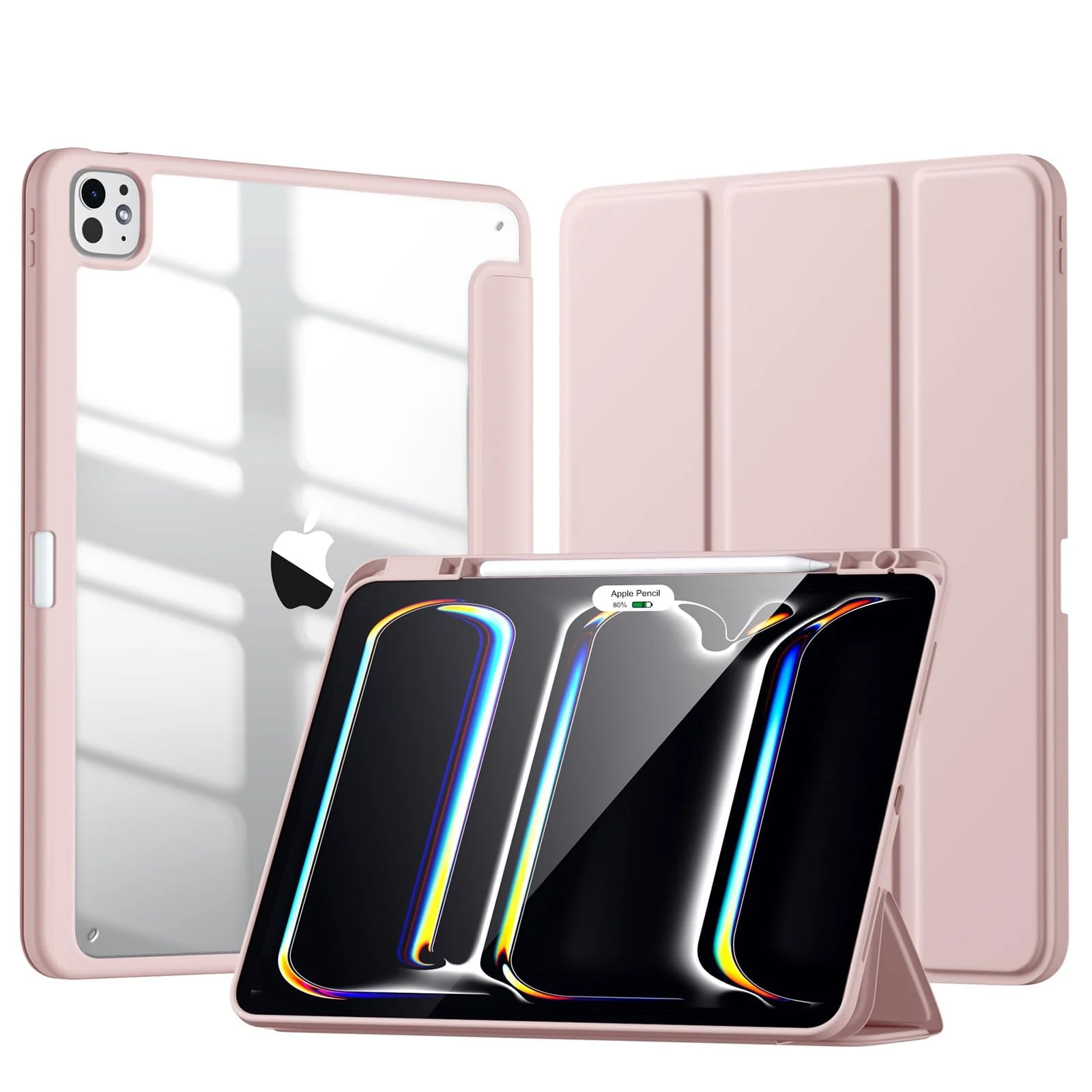 DL3 Mobilak Case for iPad Pro 13-Inch M4 (2024) with Pencil Holder, Clear Transparent Back Shell Slim Stand Shockproof Tablet Cover, Auto Wake/Sleep - Pink