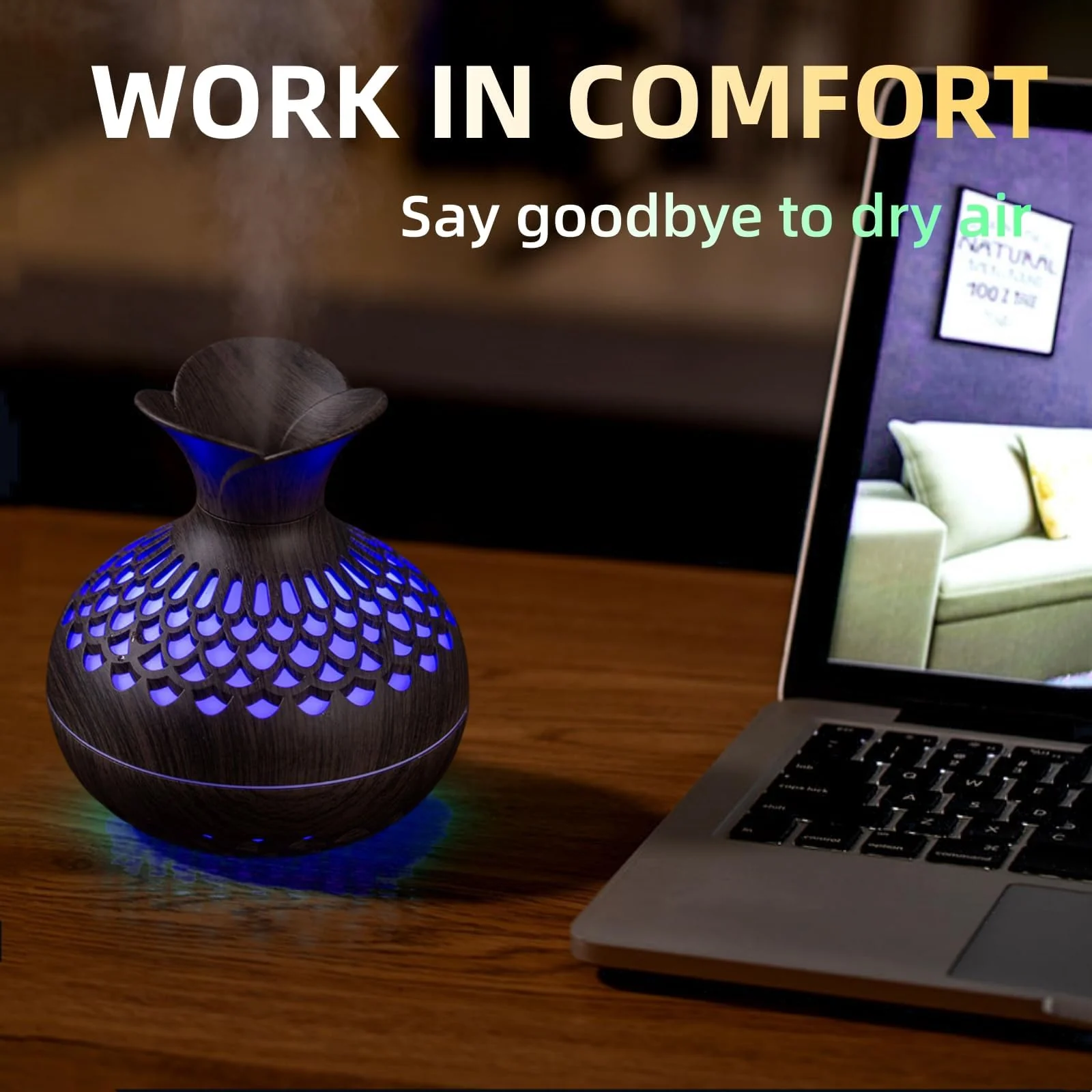 Mobigon Wood Cool Mist Ultrasonic Humidifier for Room Moisture, Aroma Diffuser for Home, 300ml Essential Oil Diffuser with 7 Colorful Night Light, Auto Shut-Off, Home, Office, car - Dark Brown