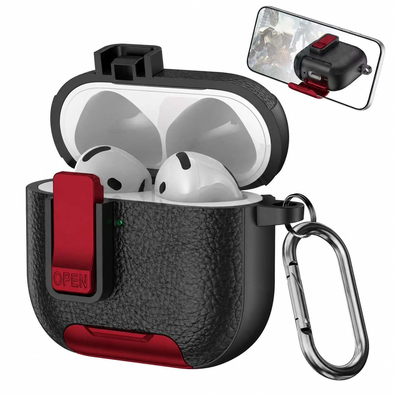 Mobigon for Apple AirPods 3 Leather Case with Secure Lock Clip, Support Wireless Charge, Stand and Charging Port Dustproof Design with Carabiner for AirPods 3 (Black/Red)