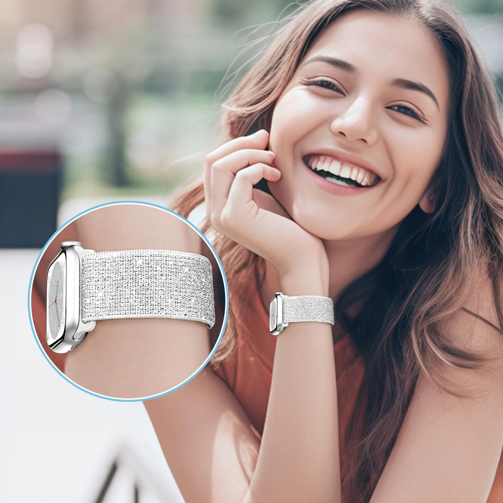 DL3 Mobilak Stretchy Bling Band For Apple Watch 49mm 46mm 45mm 44mm 42mm Women, Nylon Sparkly Strap Solo Loop Glitter Wristband for iWatch Series 10 9 8 7 6 5 4 3 2 1 SE Ultra - Silver