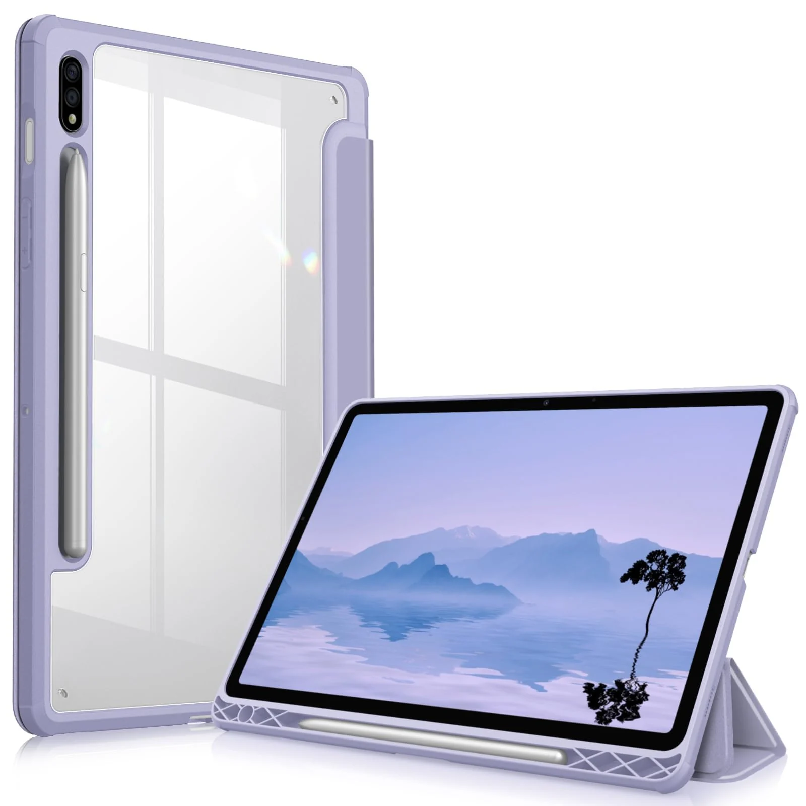 DL3 Mobilak Hybrid Slim Case for Samsung Galaxy Tab S9 FE+ / S9 FE Plus 12.4-Inch with S Pen Holder, Shockproof Cover with Clear Transparent Back Shell, Auto Wake/Sleep - Lavender