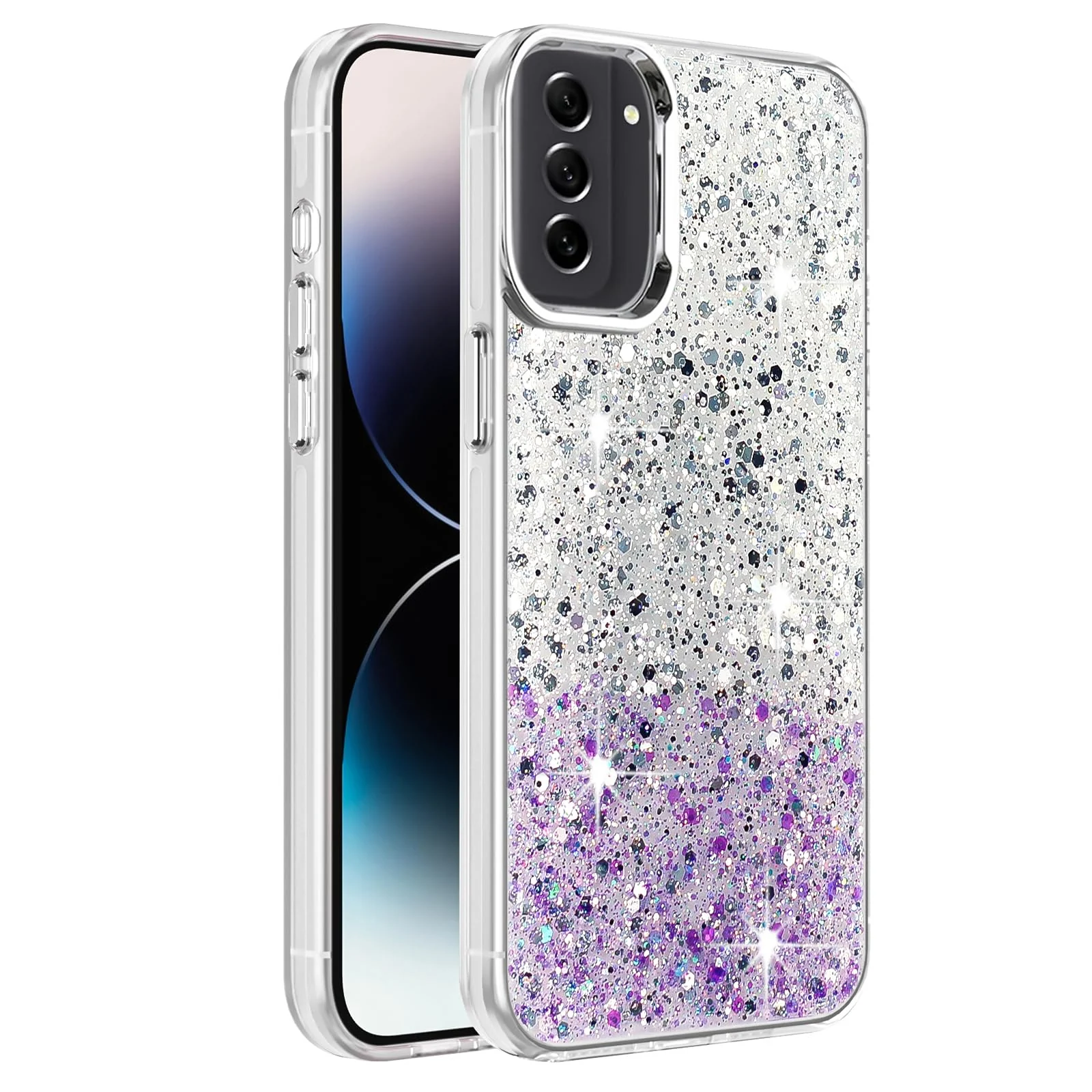 DL3 Mobilak Glitter Protective Case for Samsung Galaxy S23 5G, Supports wireless charging, Camera protection, Shock-absorbing protection - White Purple