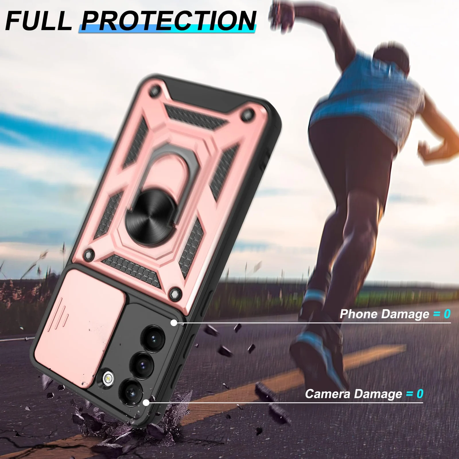 DL3 Mobilak Case for Samsung S21 PLUS with Slide Camera Cover, Military Grade Shockproof Protective Cover with Rotatable Metal Ring Kickstand [Support Magnetic Car Mount] - Rose Gold