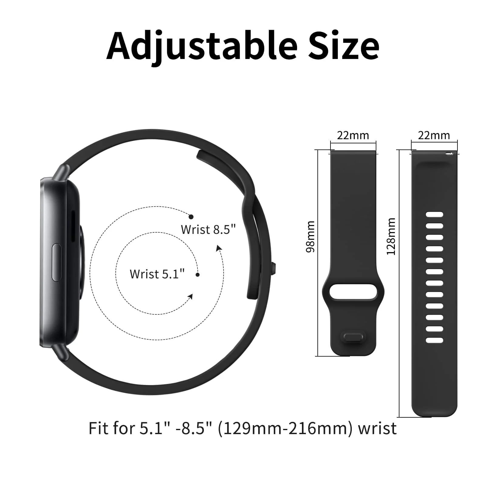 DL3 Mobilak Strap for Xiaomi Redmi Watch 5 Active/Redmi Watch 5 Lite, 22mm Adjustable Quick Release Silicone Replacement Watch Band Straps Wristbands Bracelet for Women Men - Black