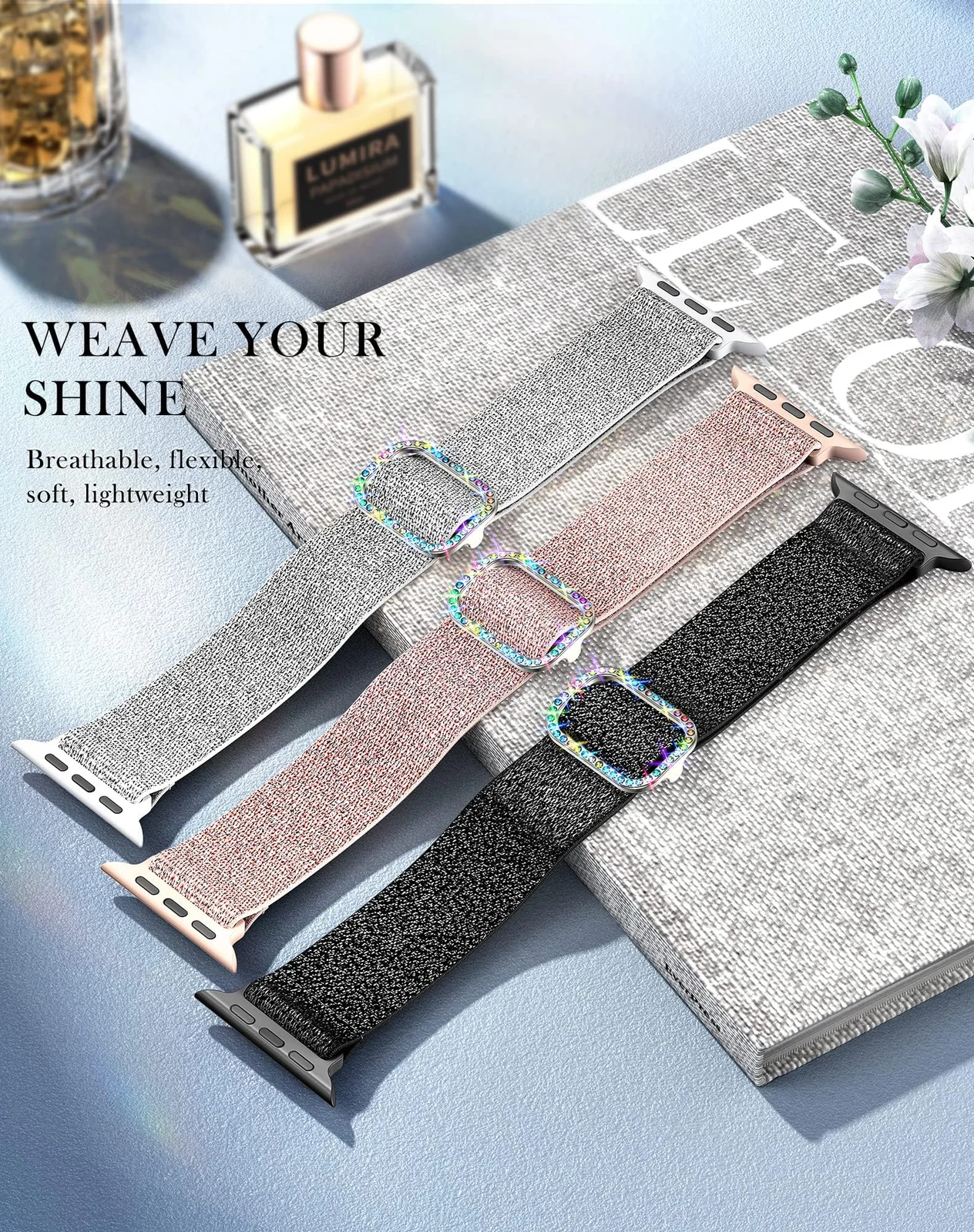 DL3 Mobilak Stretchy Bling Band For Apple Watch 49mm 46mm 45mm 44mm 42mm Women, Nylon Sparkly Strap Solo Loop Glitter Wristband for iWatch Series 11 10 9 8 7 6 5 4 SE3 SE2 SE Ultra 3 2 1 - Black
