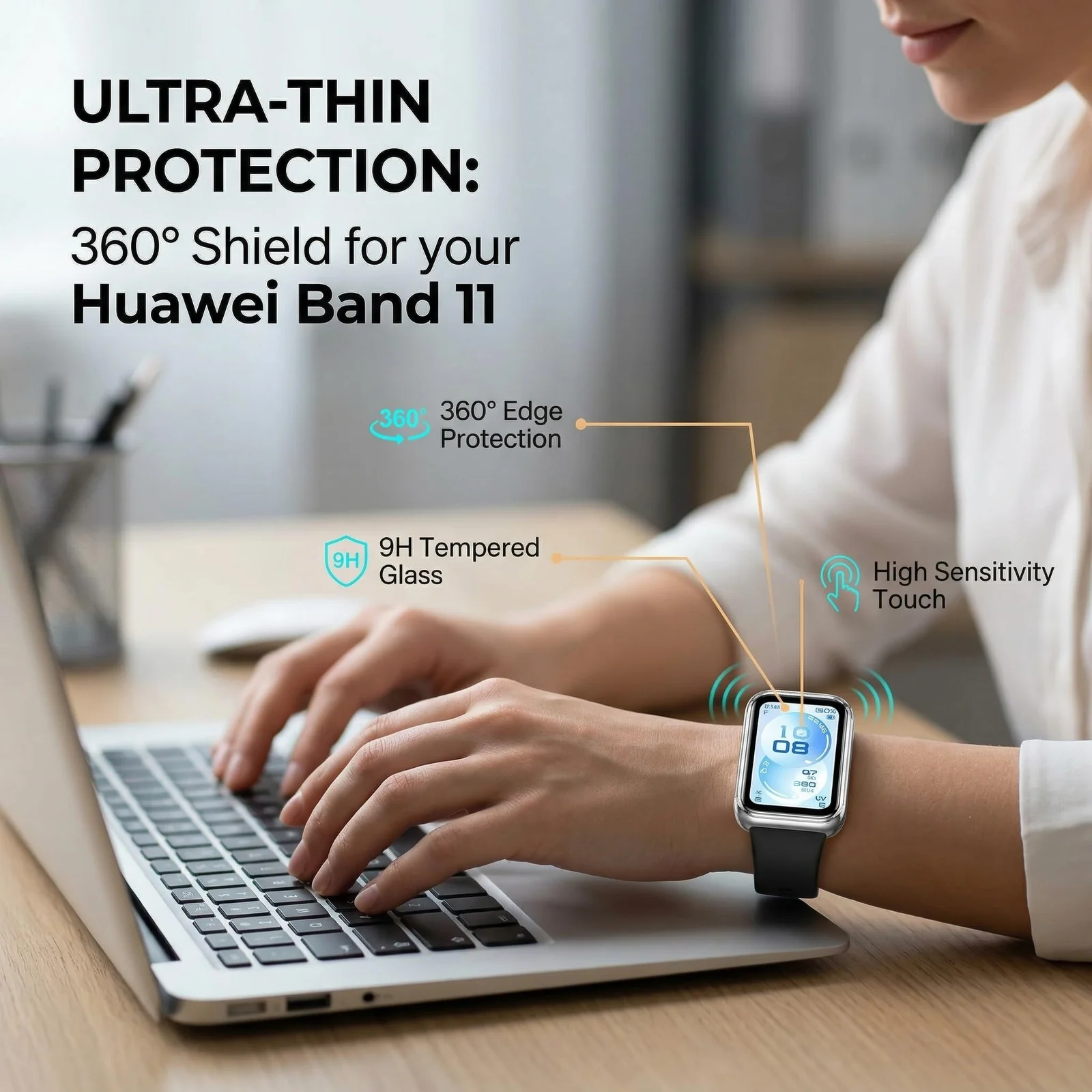 DL3 Mobilak Case with Screen Protector for Huawei Band 11, Bumper Full Coverage Hard PC Overall Protective Cover, Built-in Tempered Glass Film High Sensitivity For Huawei Band 11 - Clear