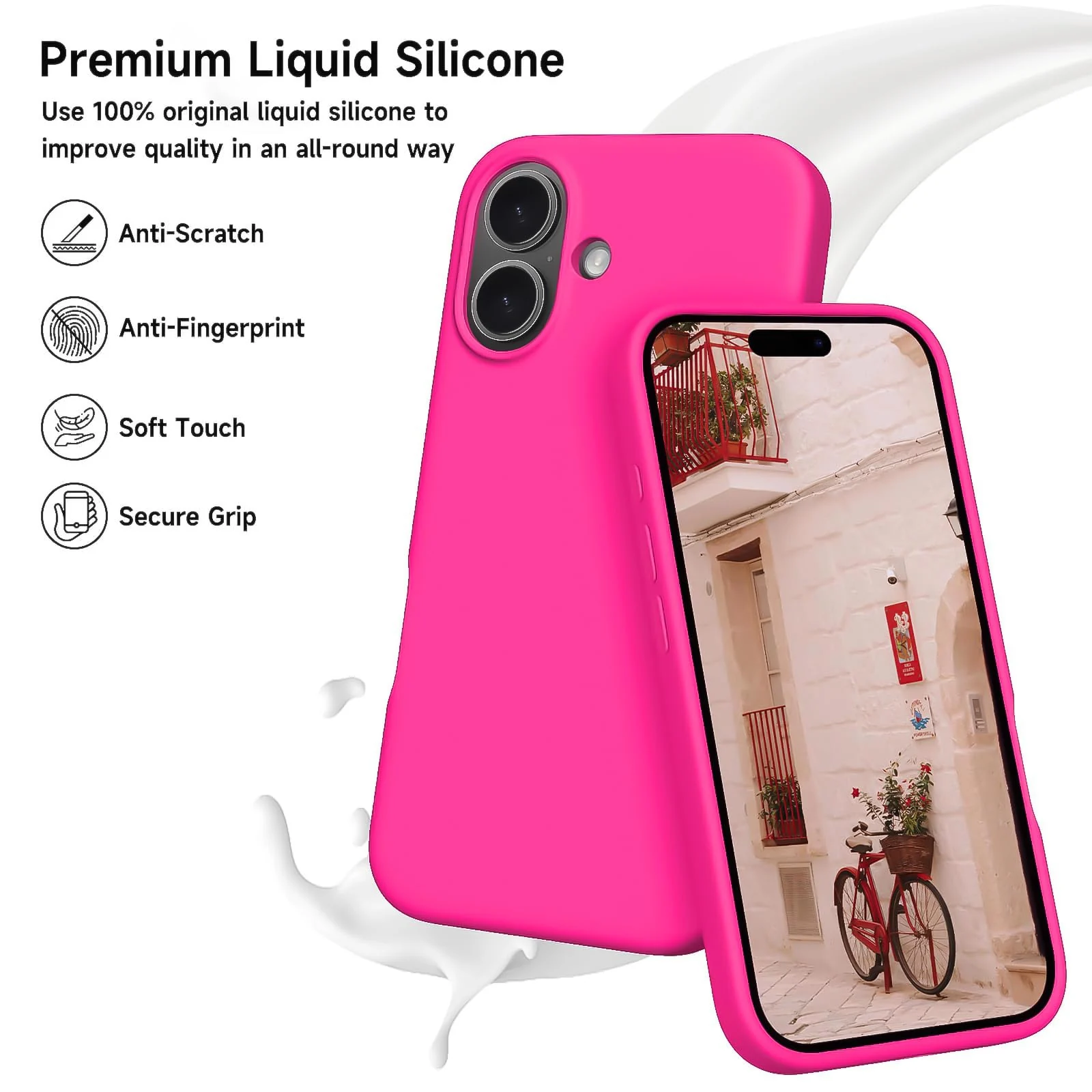DL3 Mobilak Liquid Silicone Protective Case for iPhone 16+ Plus 6.7-Inch with Microfiber Lining and Shockproof Design - Neon Pink