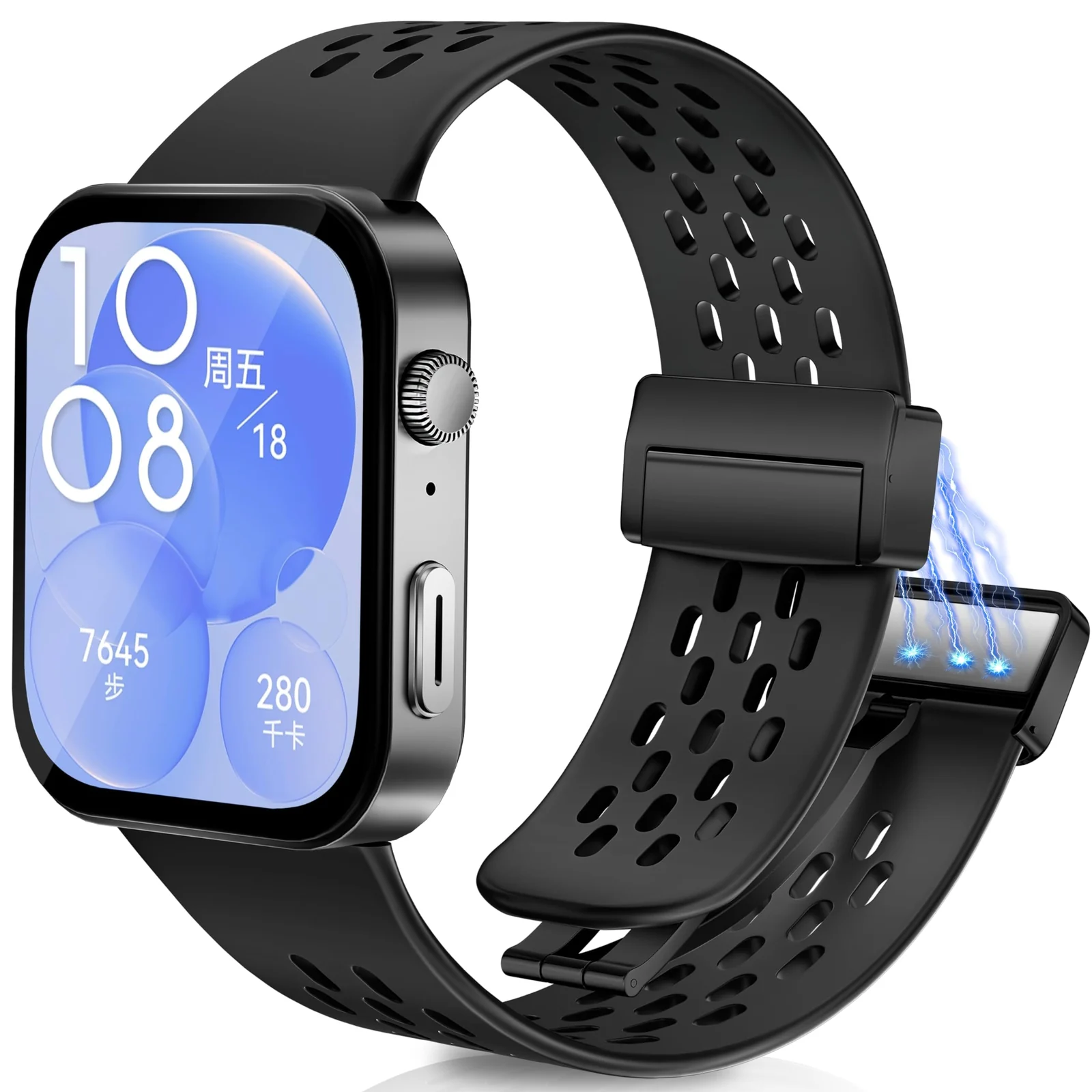 DL3 Mobilak Silicone Strap Compatible with Huawei Watch Fit 3/Fit 4/Fit 4 Pro Magnetic Metal Buckle Sport Silicone Breathable Strap for Men Women Band Quick Release Soft Replacment Wristband - Black