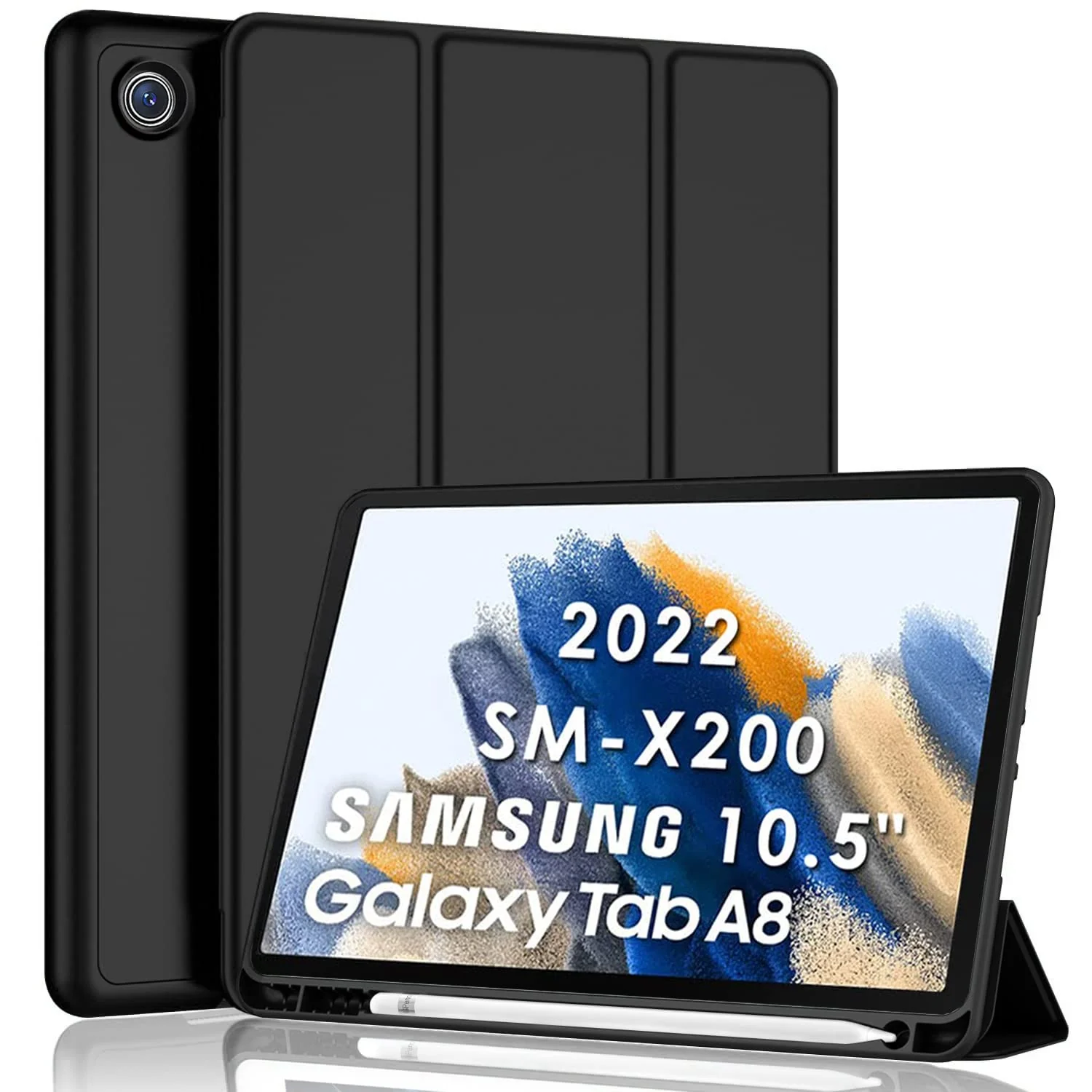 DL3 Mobilak Smart Case for Samsung Galaxy Tab A8 10.5 Inch 2021(-X200/-X205/-X207) with Pencil Holder, Soft TPU Smart Stand Back Cover Auto Wake/Sleep Feature - Black