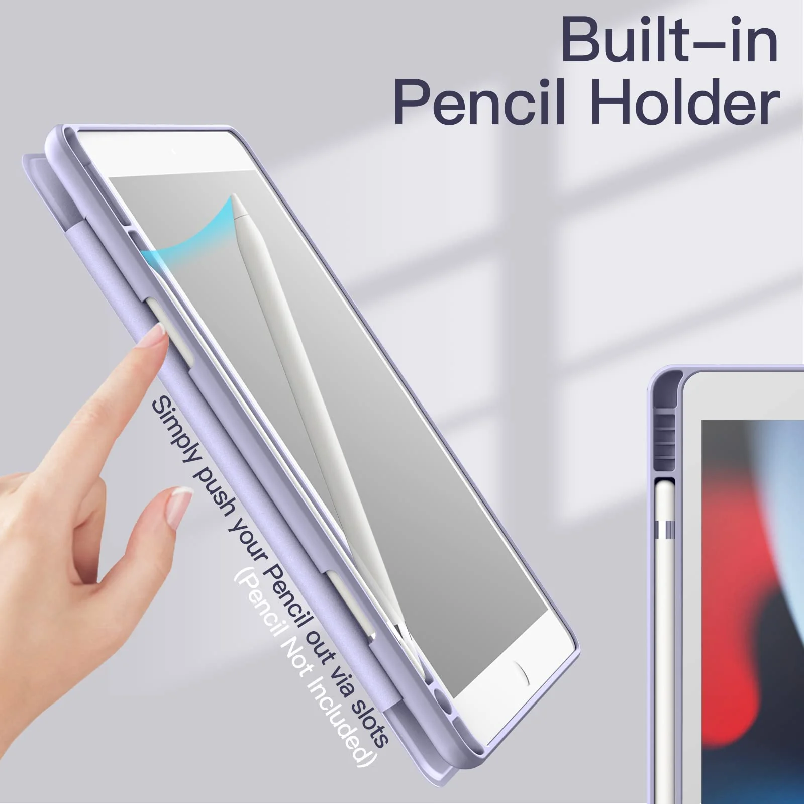 DL3 Mobilak Case for iPad 10.2-Inch (9th/8th/7th Generation, 2021/2020/2019), Clear Shockproof Back Cover Built-in Pencil Holder, Auto Sleep/Wake - Lavender