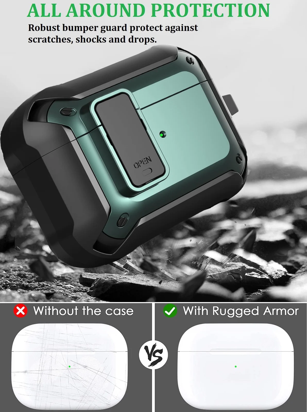DL3 Mobilak Case Compatible with AirPods 3rd Generation with Lock, Rugged Armor Compatible with AirPods 3 Case with Keychain Shockproof Hard Shell Compatible with AirPods 3 Case - Black Green