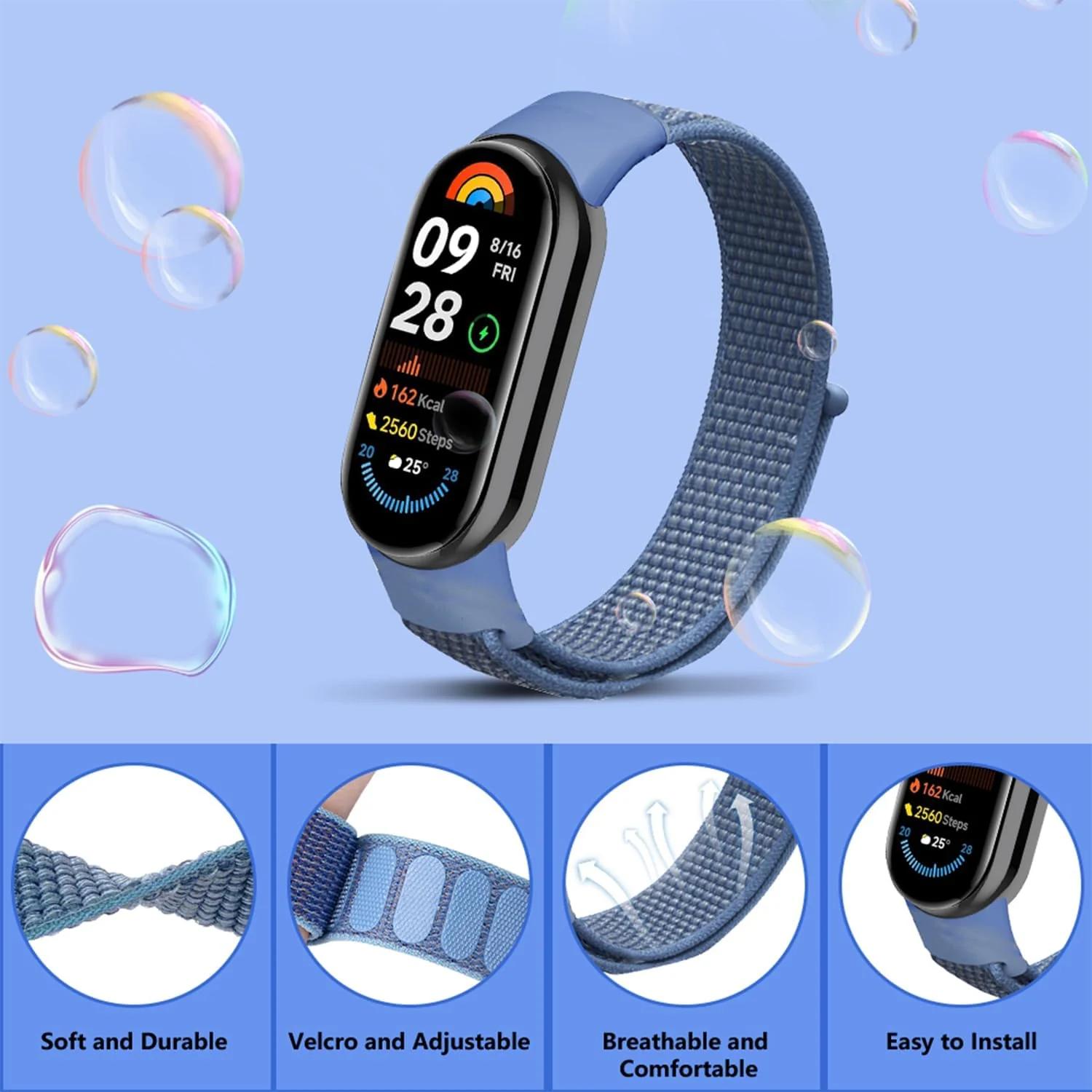 DL3 Mobilak Nylon Sport Band Compatible with Xiaomi Mi Band 10/9/8 for Women Men, Soft Adjustable Breathable Sport Loop Watch Strap Replacement Wristband for Xiaomi Smart Band 8/9/10 - Blue