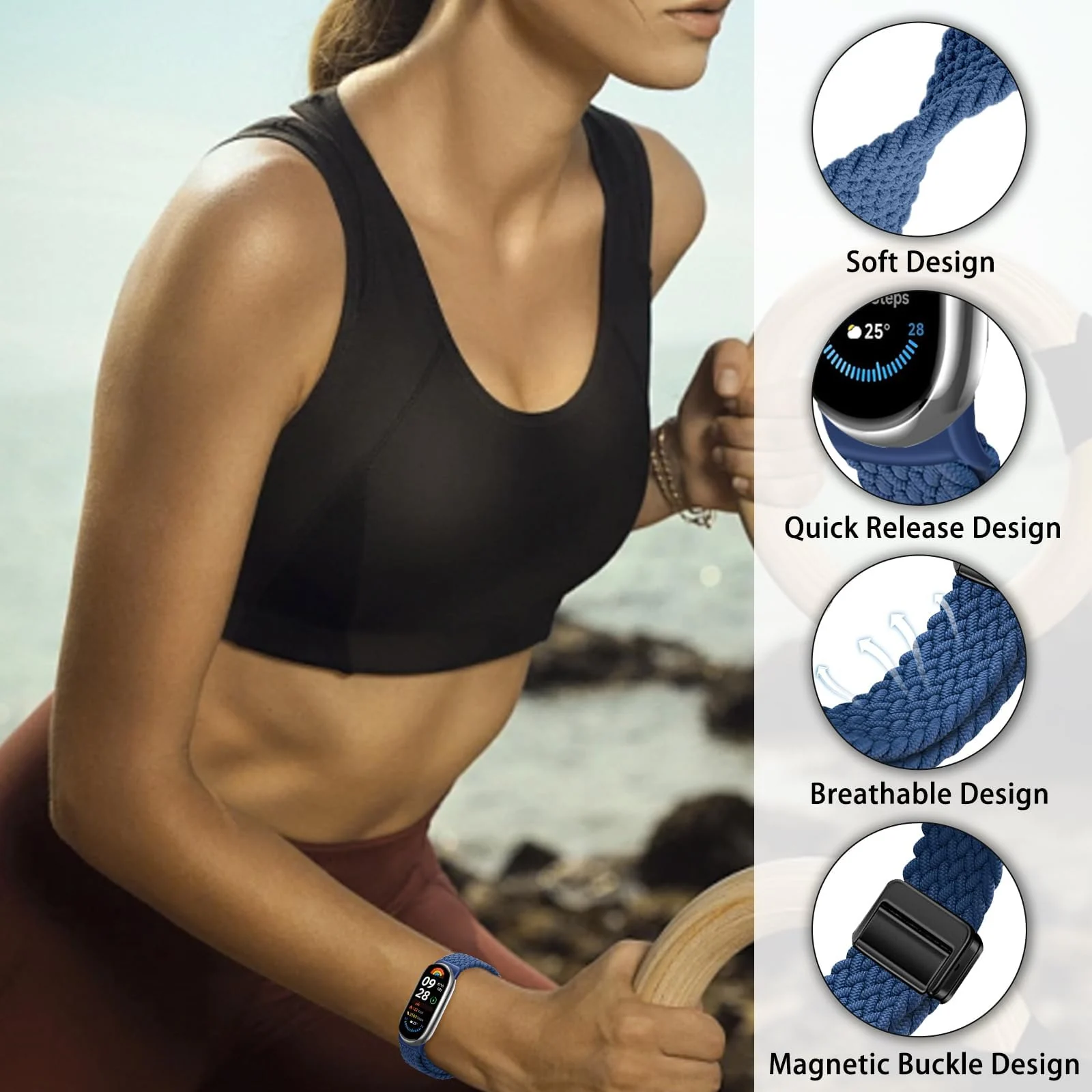 DL3 Mobilak Braided Strap for Xiaomi Mi Band 10/9/8, Men Women Breathable Elastic Nylon with Magnetic Buckle Watch Band for Xiaomi Smart Band 10/Xiaomi Smart Band 9/8 - Blue