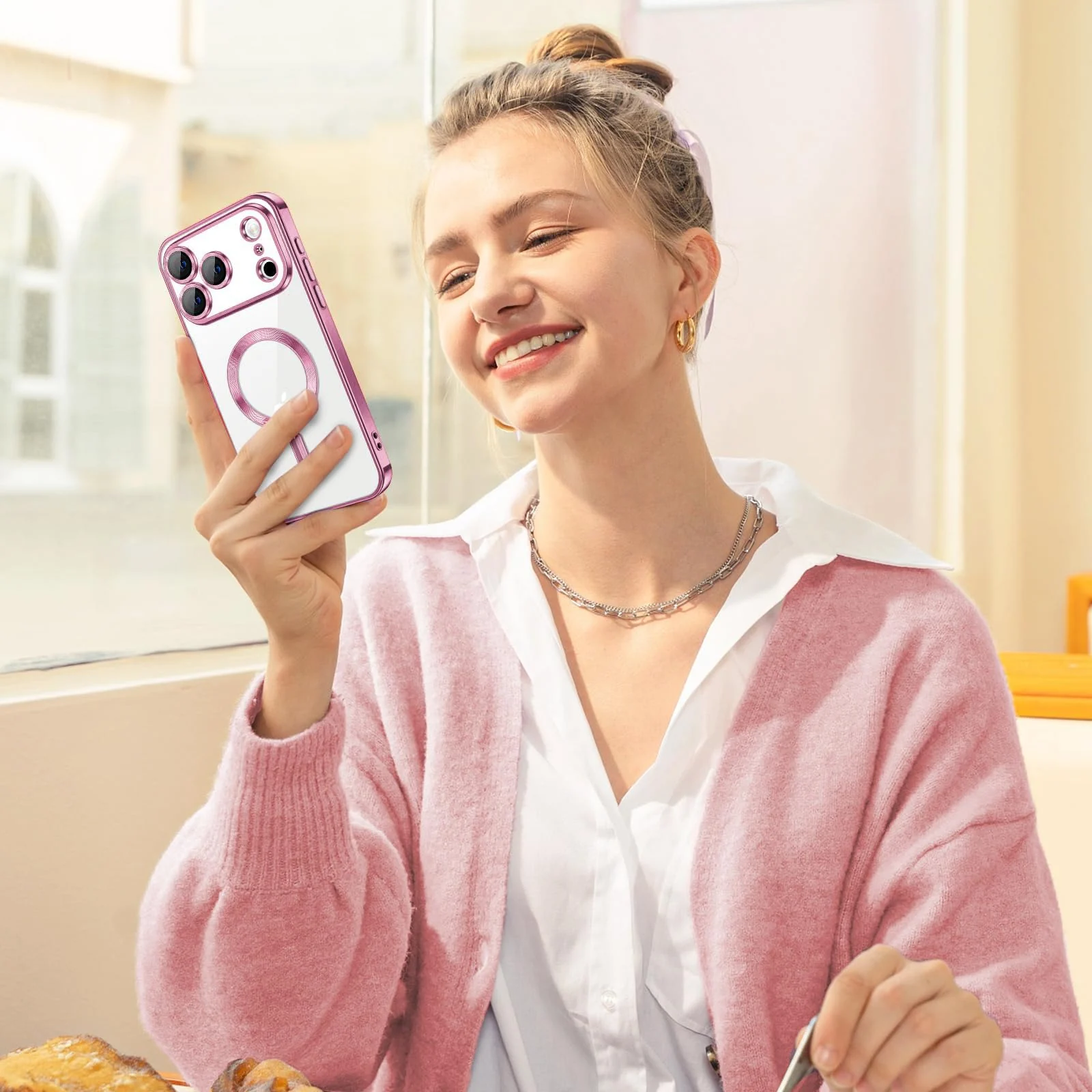 DL3 Mobilak Clear MagSafe-Compatible Magnetic Case for iPhone 17 Pro Max with Camera Protection and Magnetic Car-Mount Support - Pink