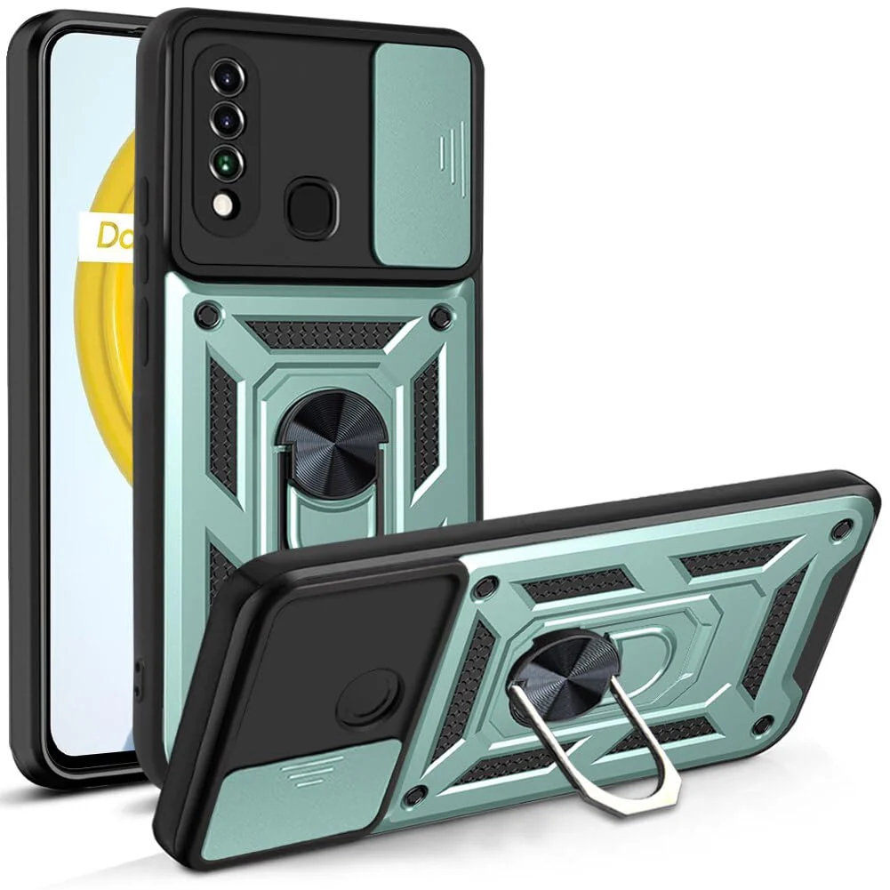DL3 Mobilak Military-Grade Protective Case with Sliding Camera Cover, Metal Ring Kickstand and Magnetic Car-Mount Support for Huawei P30 Lite / Nova 4E - Green
