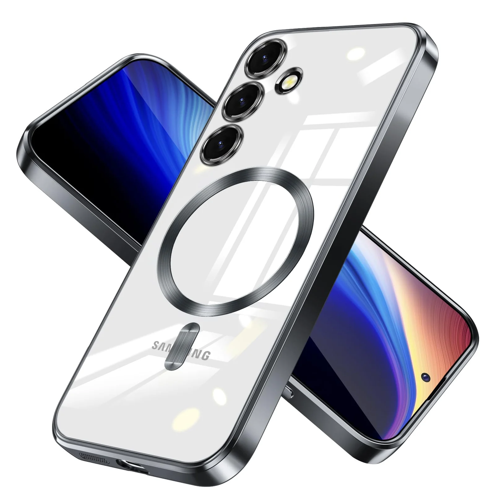 DL3 Mobilak For Samsung Galaxy A55 Magnetic Case, Compatible with MagSafe, Built-in Camera Lens Protector, Luxury Plating Soft TPU Clear Shockproof Slim Thin Cover - Black