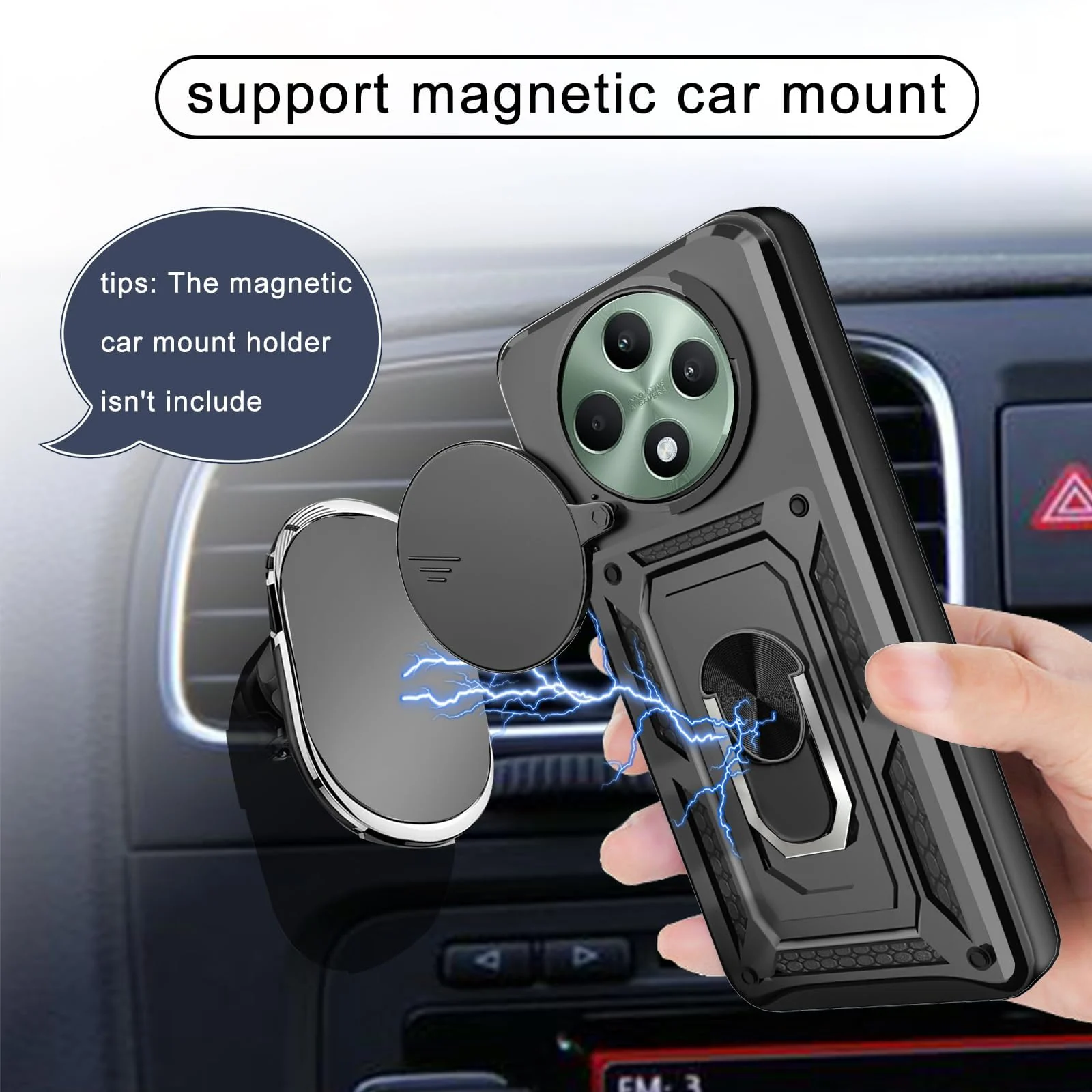 DL3 Mobilak Case for OPPO Reno 12 F/Reno 12F with Slide Camera Cover, Military Grade Shockproof Protective Cover with Rotatable Metal Ring Kickstand [Support Magnetic Car Mount] - Black