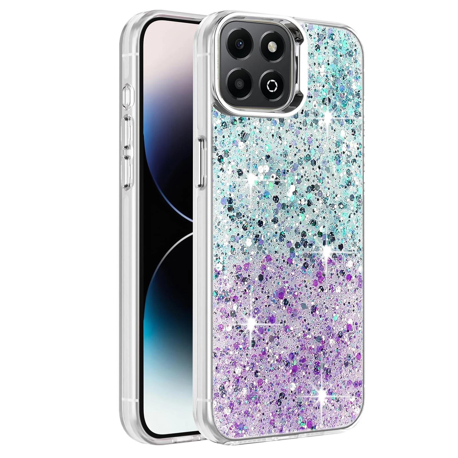 DL3 Mobilak Compatible with Honor X6b Case, Clear Glitter Bling Sparkly, Soft TPU Frame Bumper, Hard-Back Cover for Women & Girls, Transparent Protective Phone Case - Green Purple