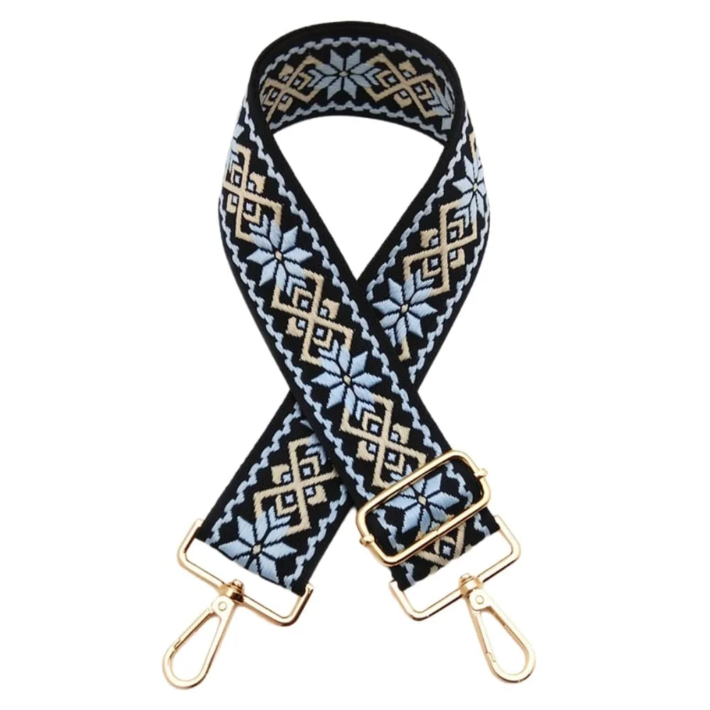 DL3 Mobilak Adjustable Wide Crossbody Bag Strap for Women, Replacement Shoulder Strap for Handbags, Totes & Purses with Elegant Embroidered Pattern and Metal Hooks - Black/Blue/Beige