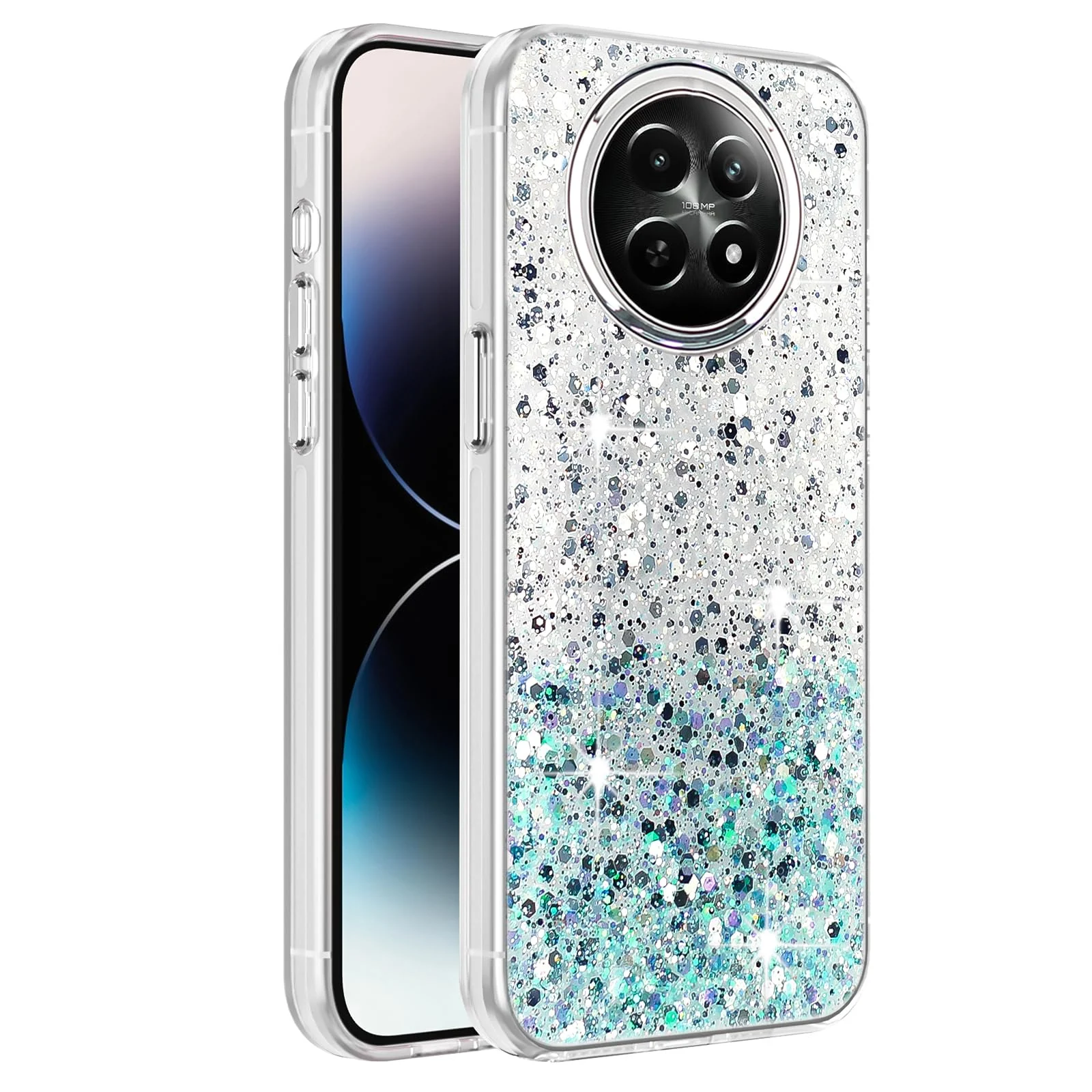 DL3 Mobilak Glitter Protective Case for realme 13 5G / realme 12 5G / realme 12x 5G, Supports wireless charging, Camera protection, Shock-absorbing protection - White Green