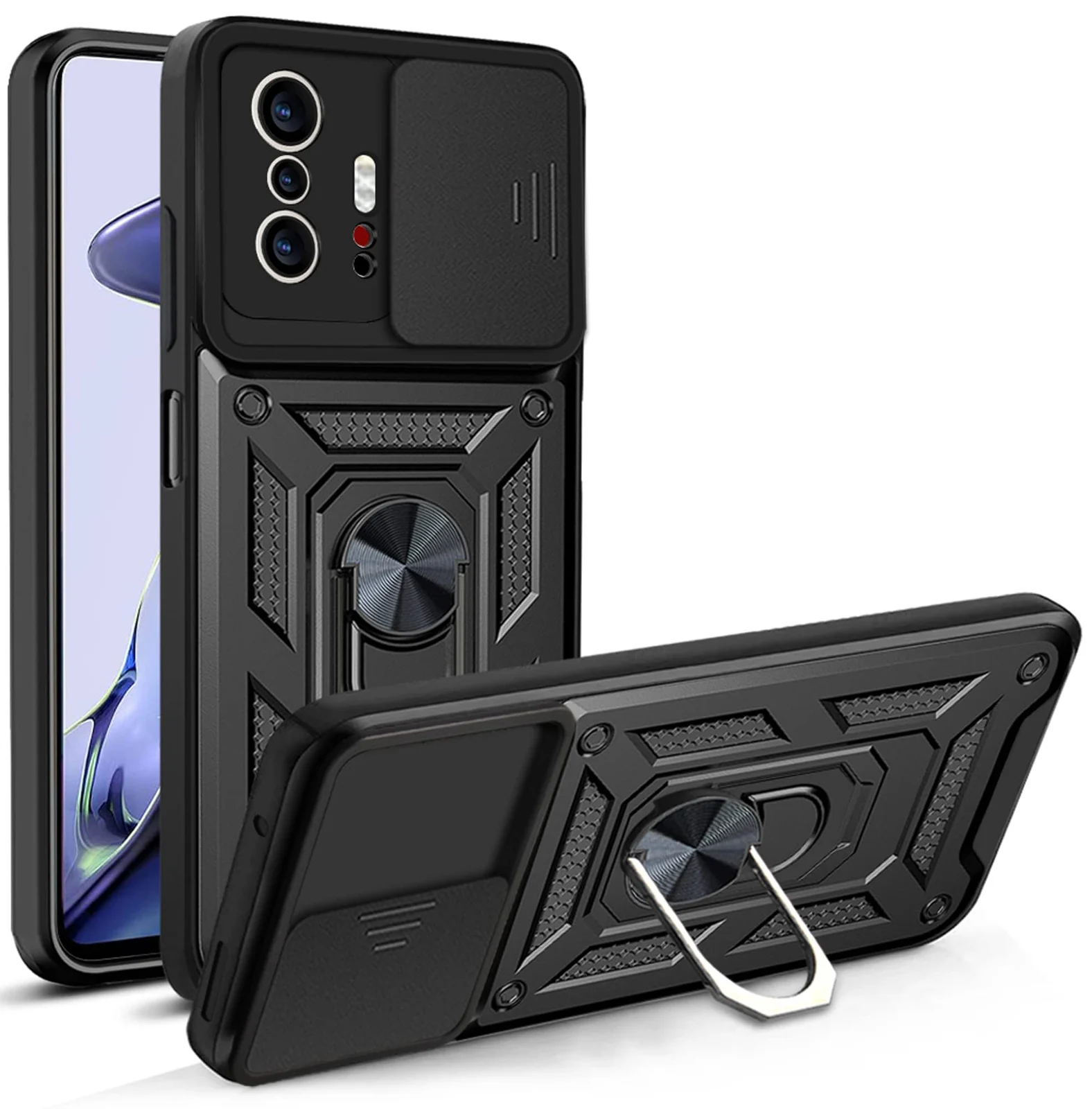 DL3 Mobilak Military-Grade Protective Case with Sliding Camera Cover, Metal Ring Kickstand and Magnetic Car-Mount Support for Xiaomi 11T / Xiaomi 11 T Pro - Black