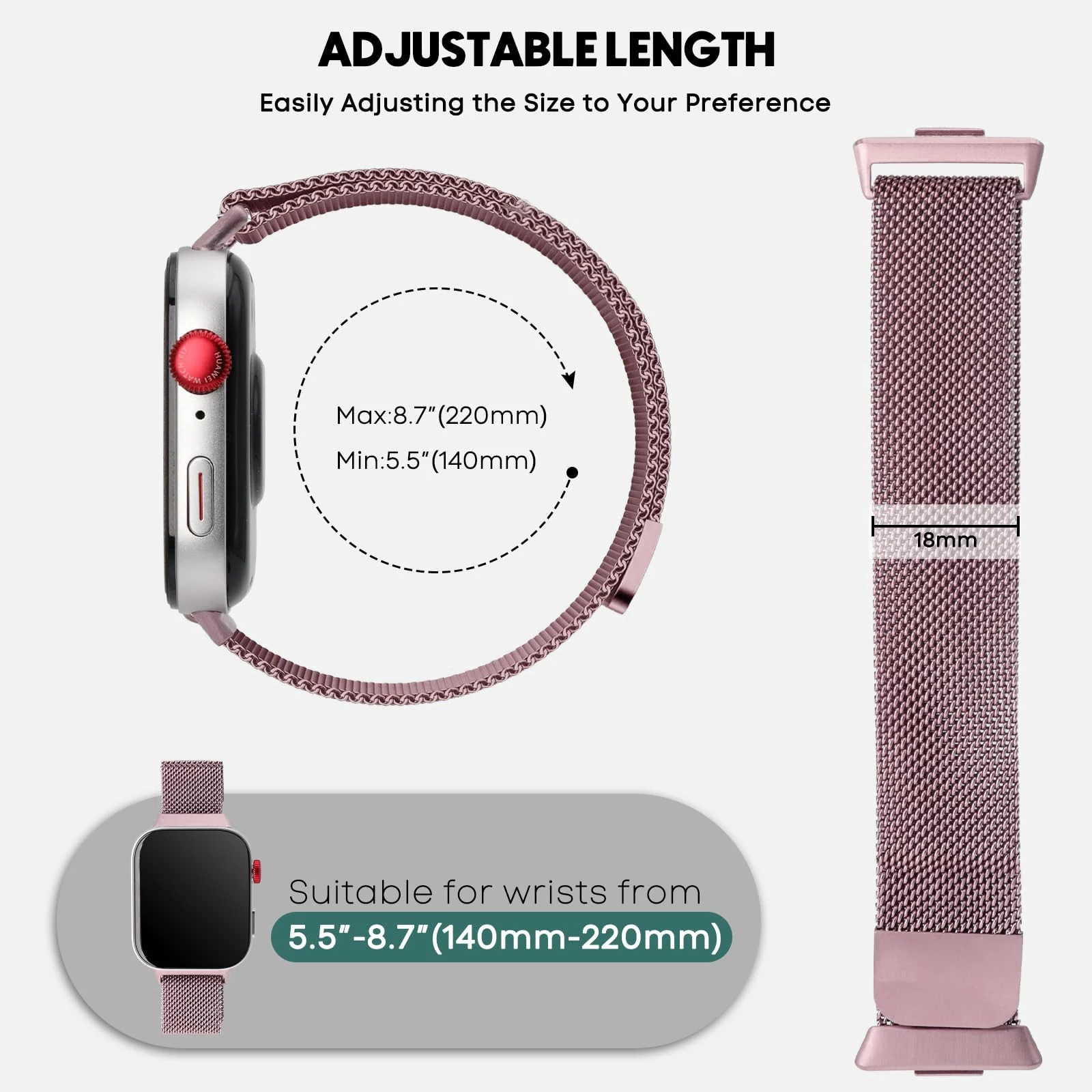 DL3 Mobilak Bracelet Compatible with Huawei Watch Fit 3, Stainless Steel Replacement Straps, Mesh Metal Watch Strap, Magnetic Adjustable Replacement Strap For Huawei Watch Fit3 - Pink
