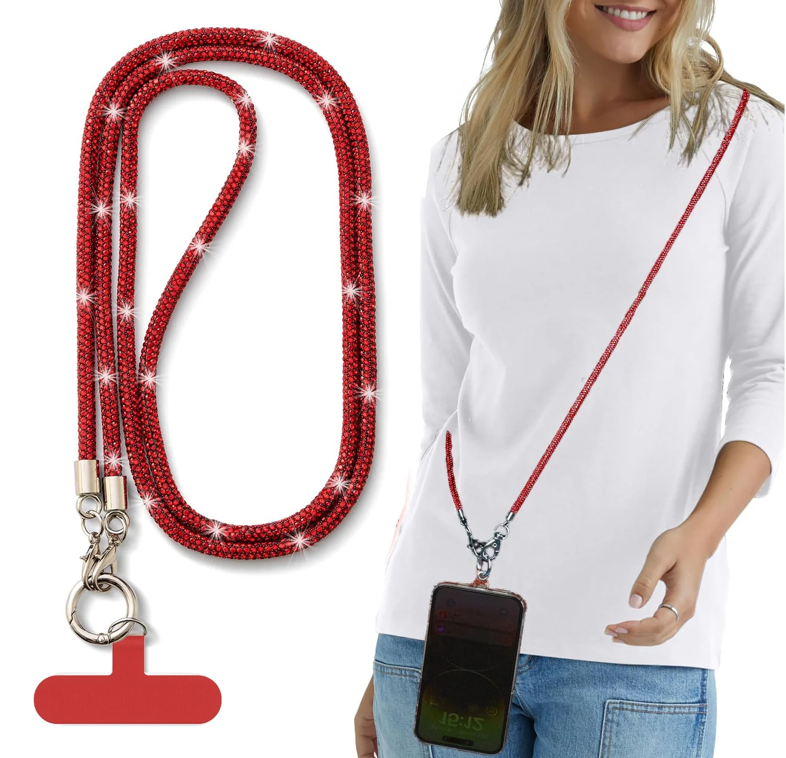 DL3 Mobilak Phone Crossbody Lanyard, Crystal Phone Lanyard with Full Rhinestone Bling Glitter, Bling Phone Strap for Most Phone, iPad, Handbag, Wallet, Phone Neck Holder for Women - Red