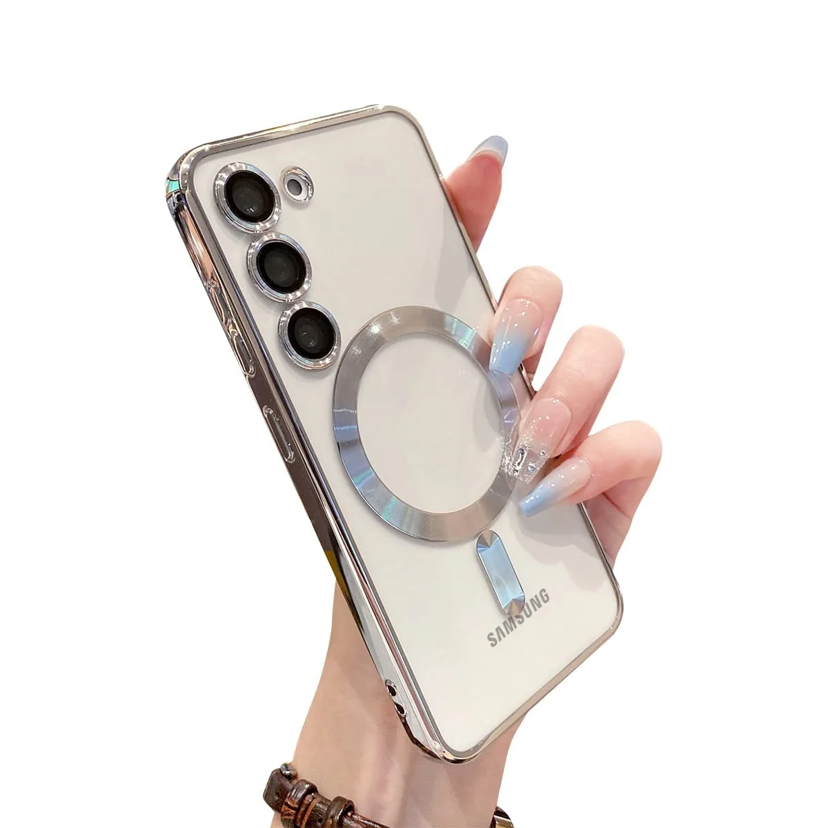 DL3 Mobilak Case for Samsung Galaxy S23 Compatible with MagSafe with Camera Lens Protector, Magnetic Clear Case Slim Plated Protective Case - Silver