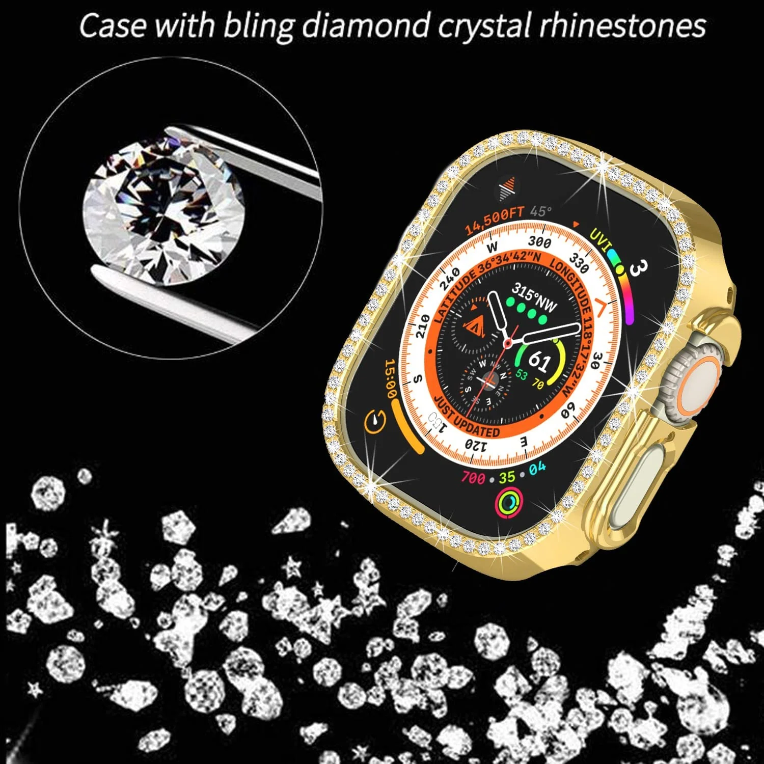 DL3 Mobilak Compatible with Apple Watch Ultra 49mm Bling Diamond Case PC Bumper Protective Cases Women Girls Crystal Shining Rhinestone Cases Smartwatch Accessories Case - Gold