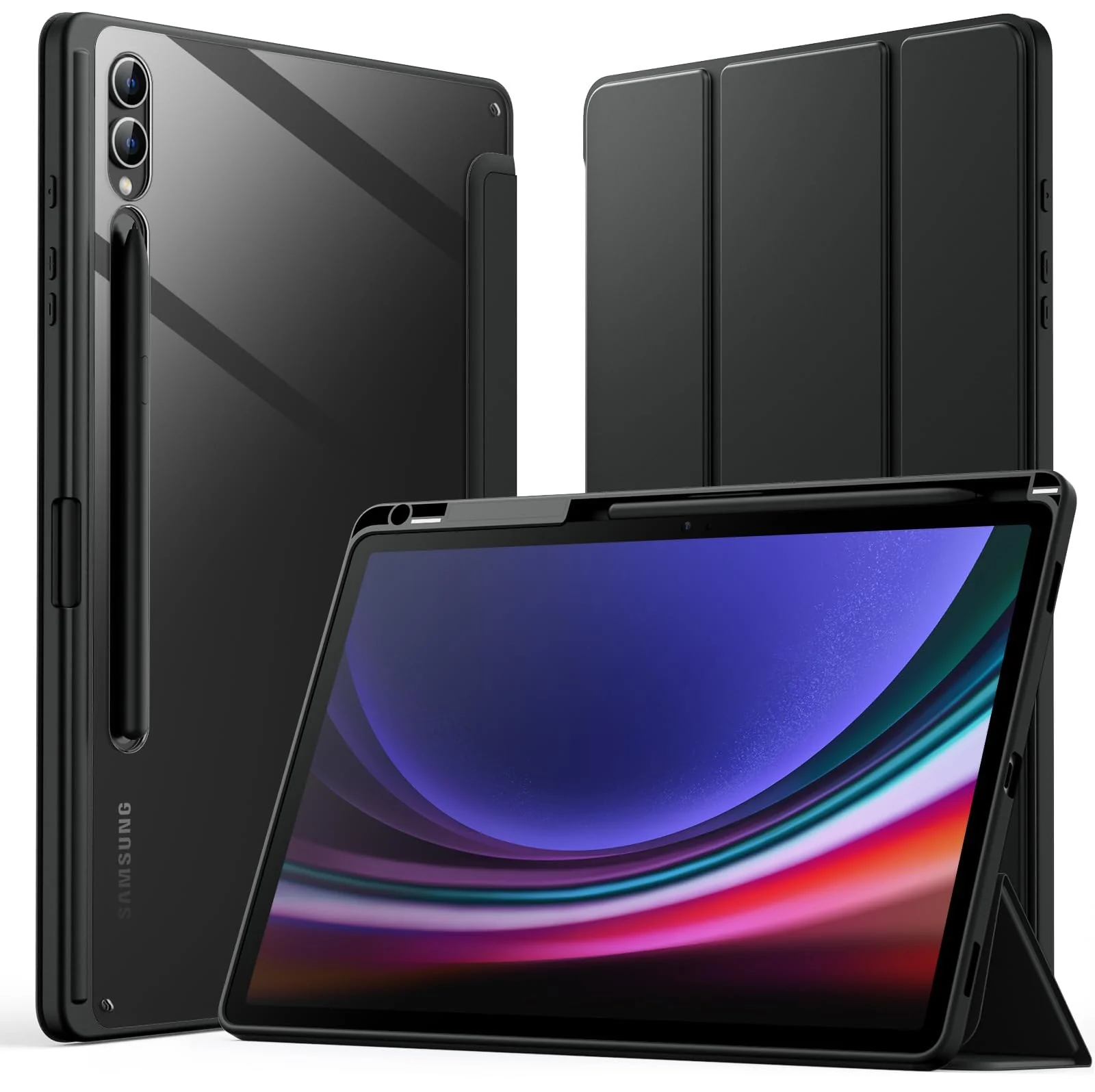 DL3 Mobilak Hybrid Slim Case for Samsung Galaxy Tab S8 Plus 2022/S7 FE 2021/S7 Plus 2020 12.4 Inch with S Pen Holder, Shockproof Cover with Clear Transparent Back Shell, Auto Wake/Sleep - Black