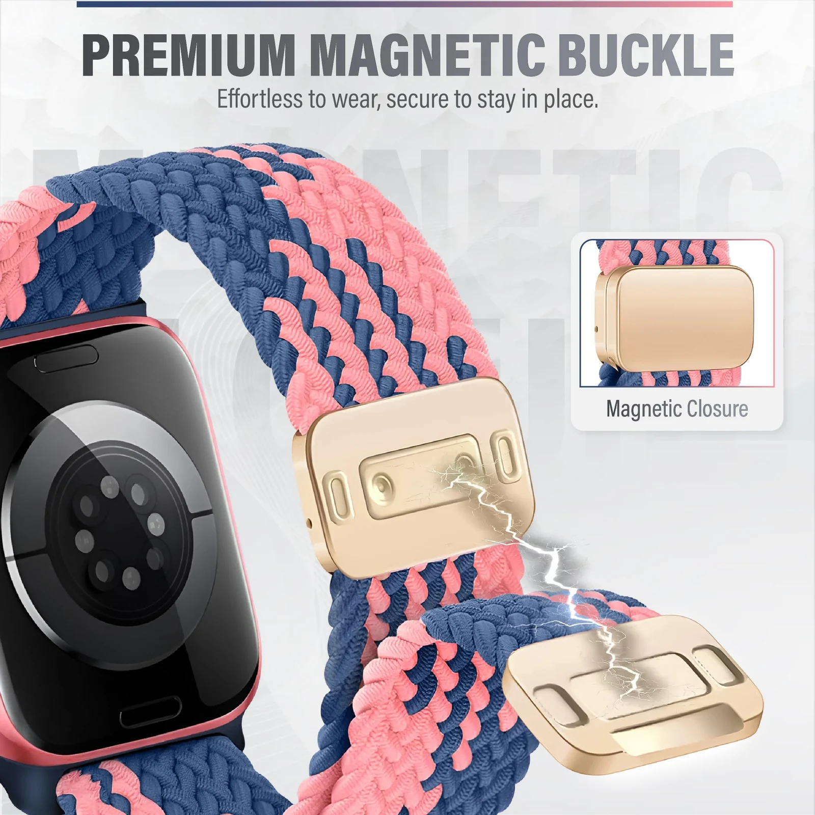 DL3 Mobilak Sport Solo Loop Compatible with Apple Watch Band 42mm 44mm 45mm 46mm 49mm for Women Men, Magnetic Strap Stretchy Braided Wristband for iWatch Series 11 10 9 8 7 6 5 4 3 Ultra 3 2 1 SE SE2 - Blue-Pink